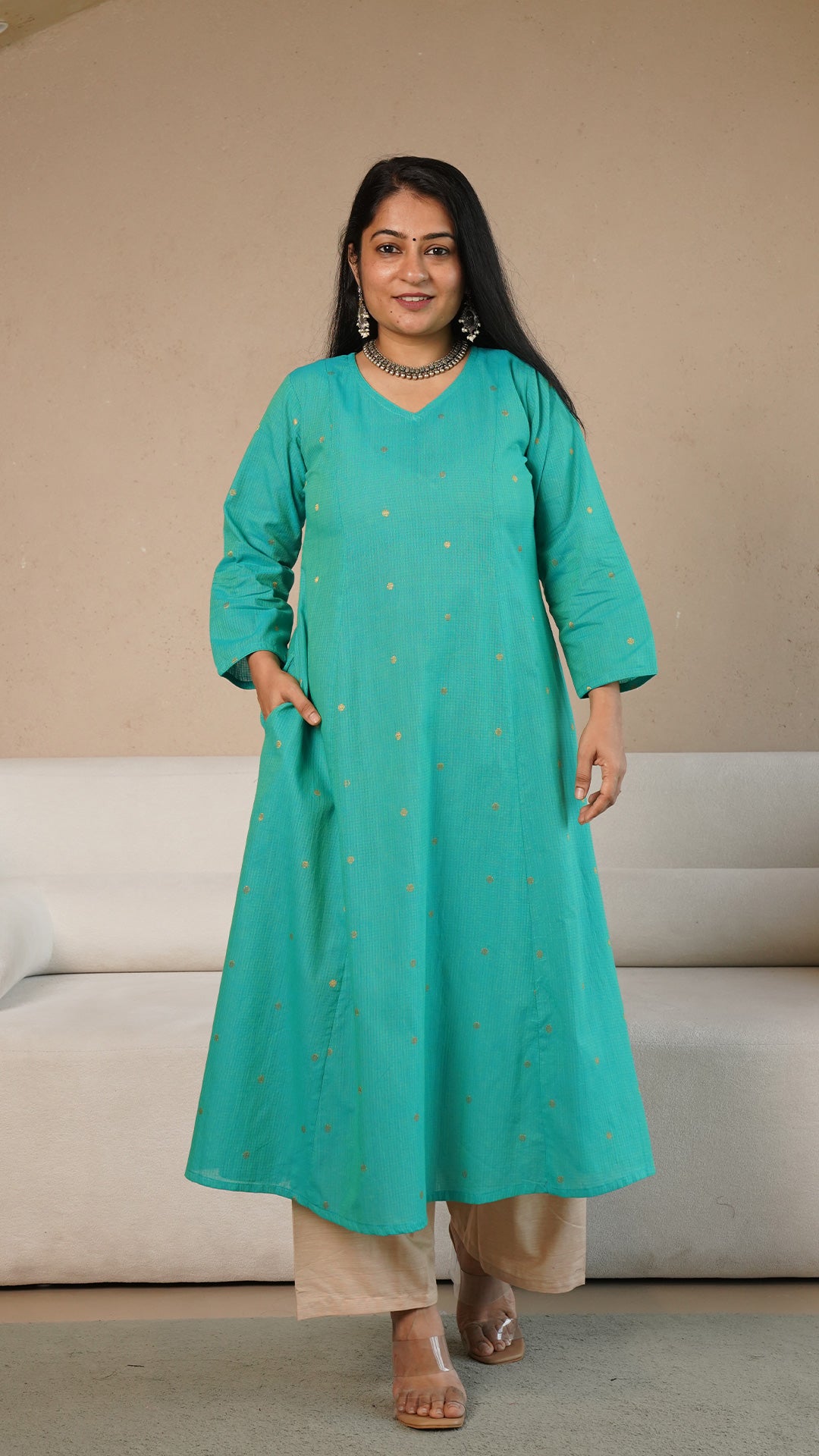 Jenika Hand Woven Golden Zari Motif Kali Cotton Kurta - Green