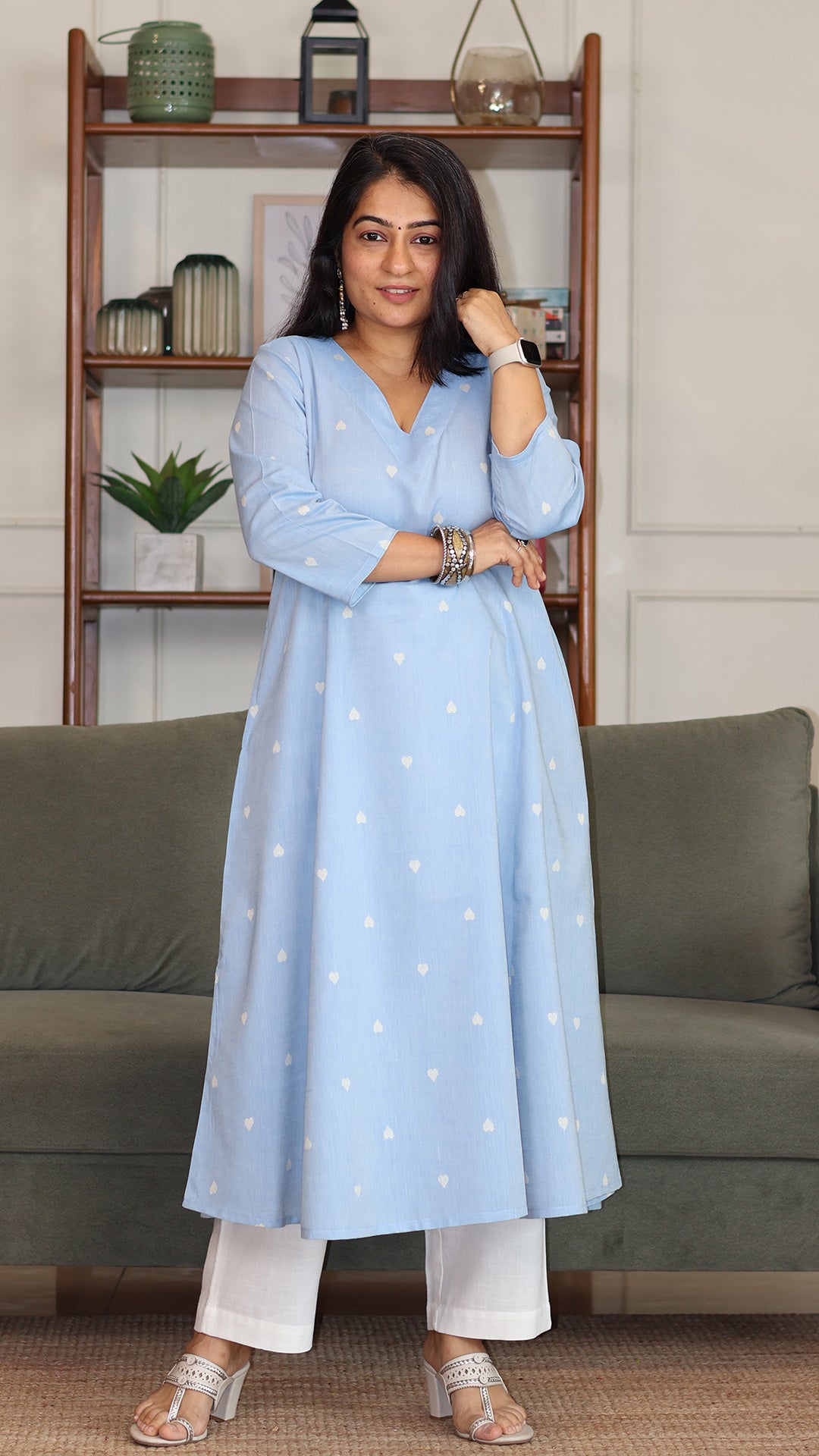Hearts Motif Handwoven Cotton Kurta - Powder Blue