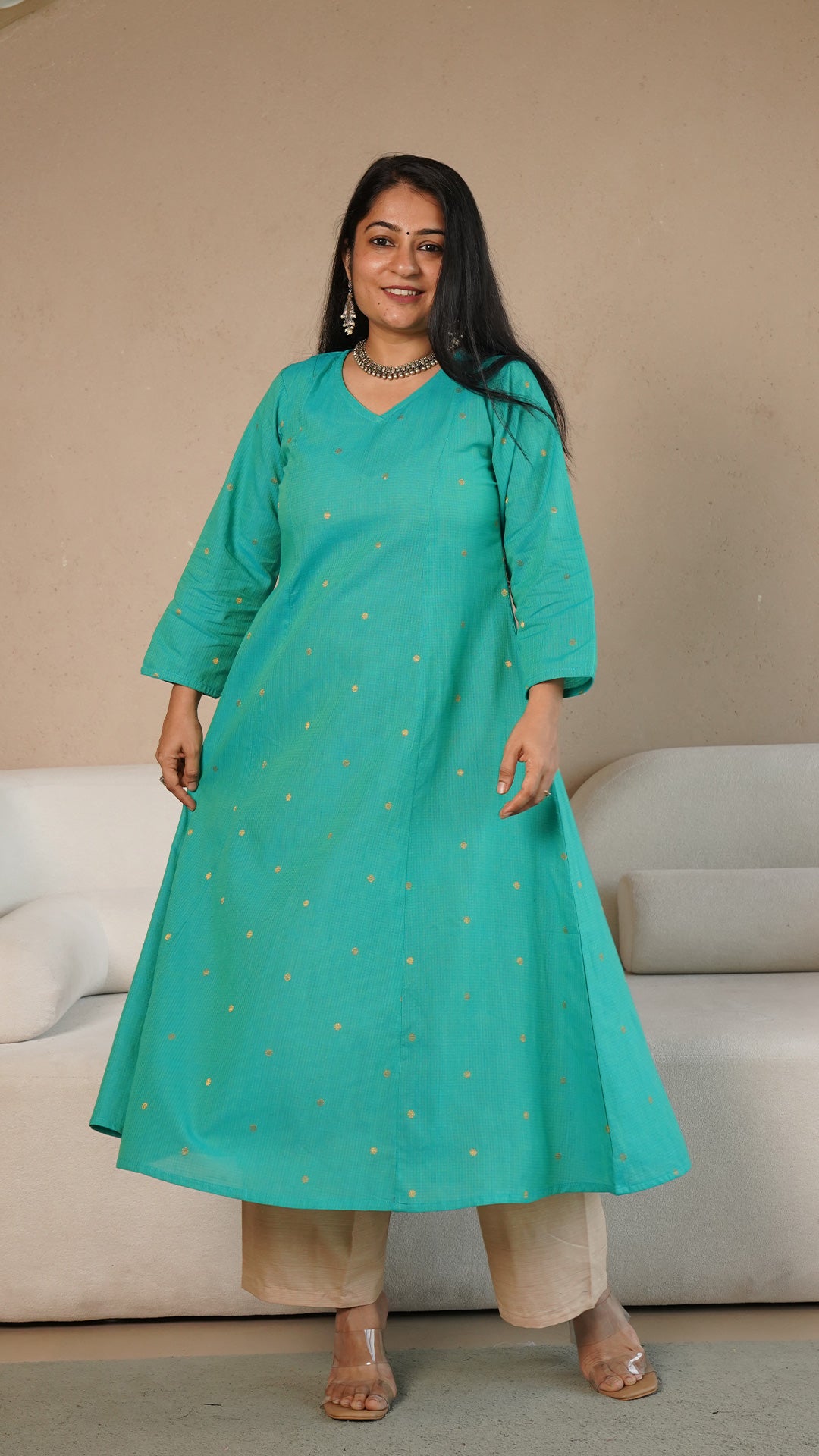 Jenika Hand Woven Golden Zari Motif Kali Cotton Kurta - Green