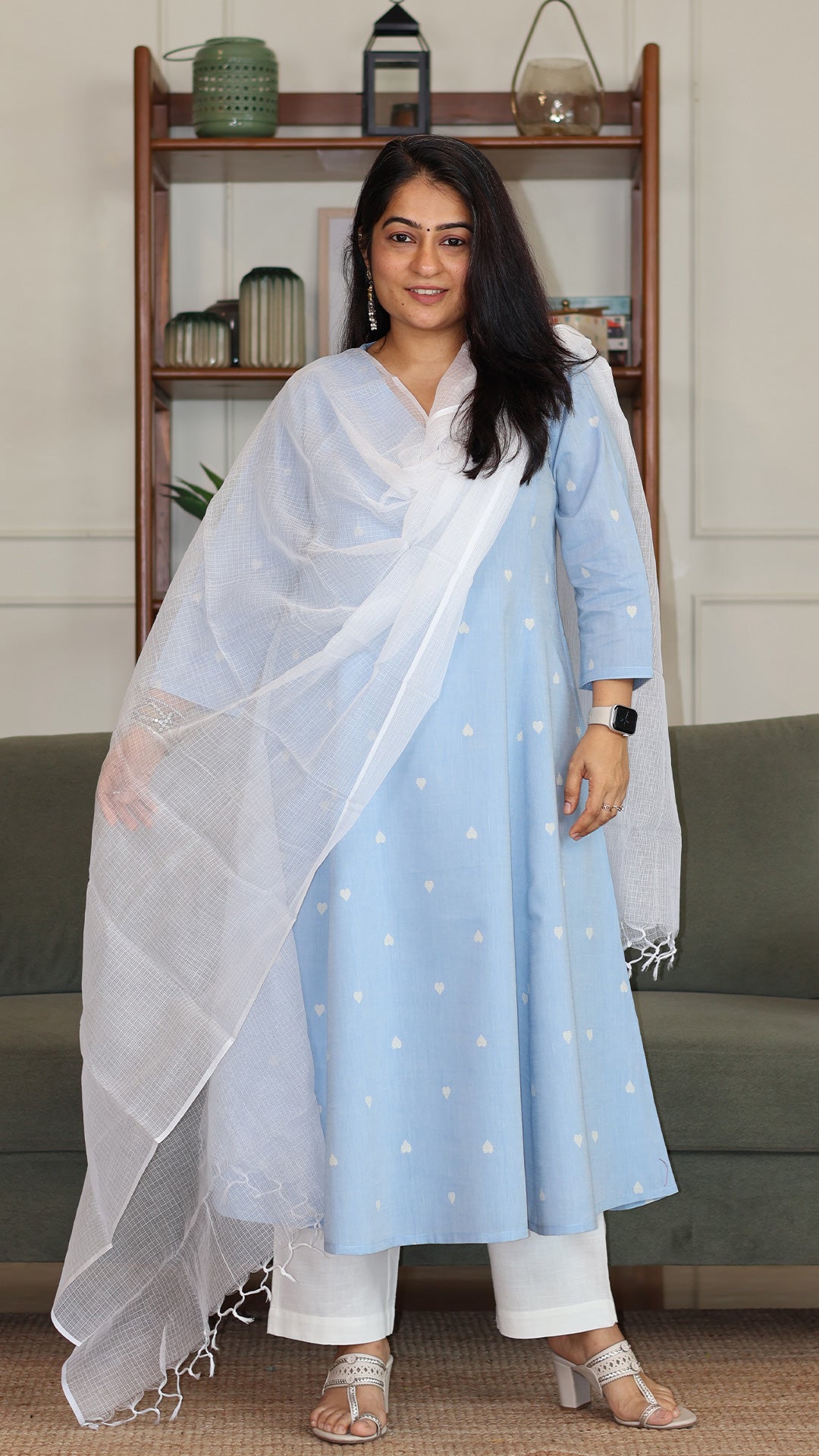 Hearts Motif Handwoven Cotton Kurta - Powder Blue