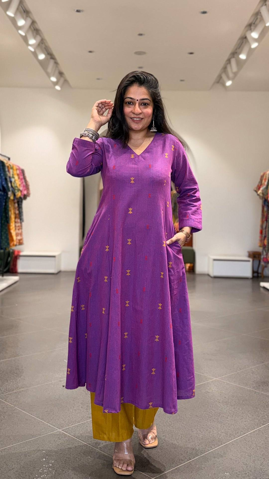 Mehal Hand Woven Kali Kurta In Cotton - Purple
