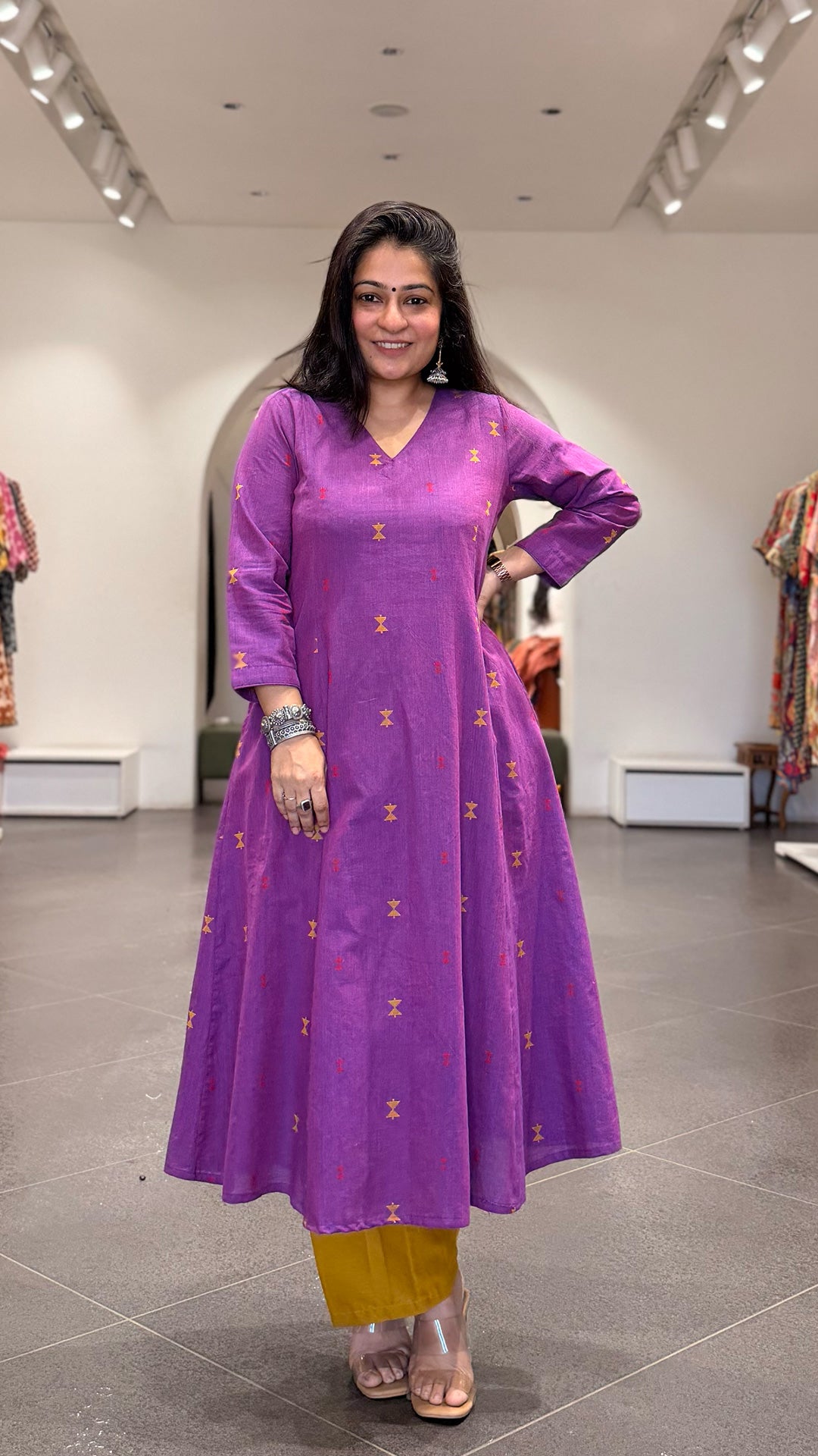 Mehal Hand Woven Kali Kurta In Cotton - Purple