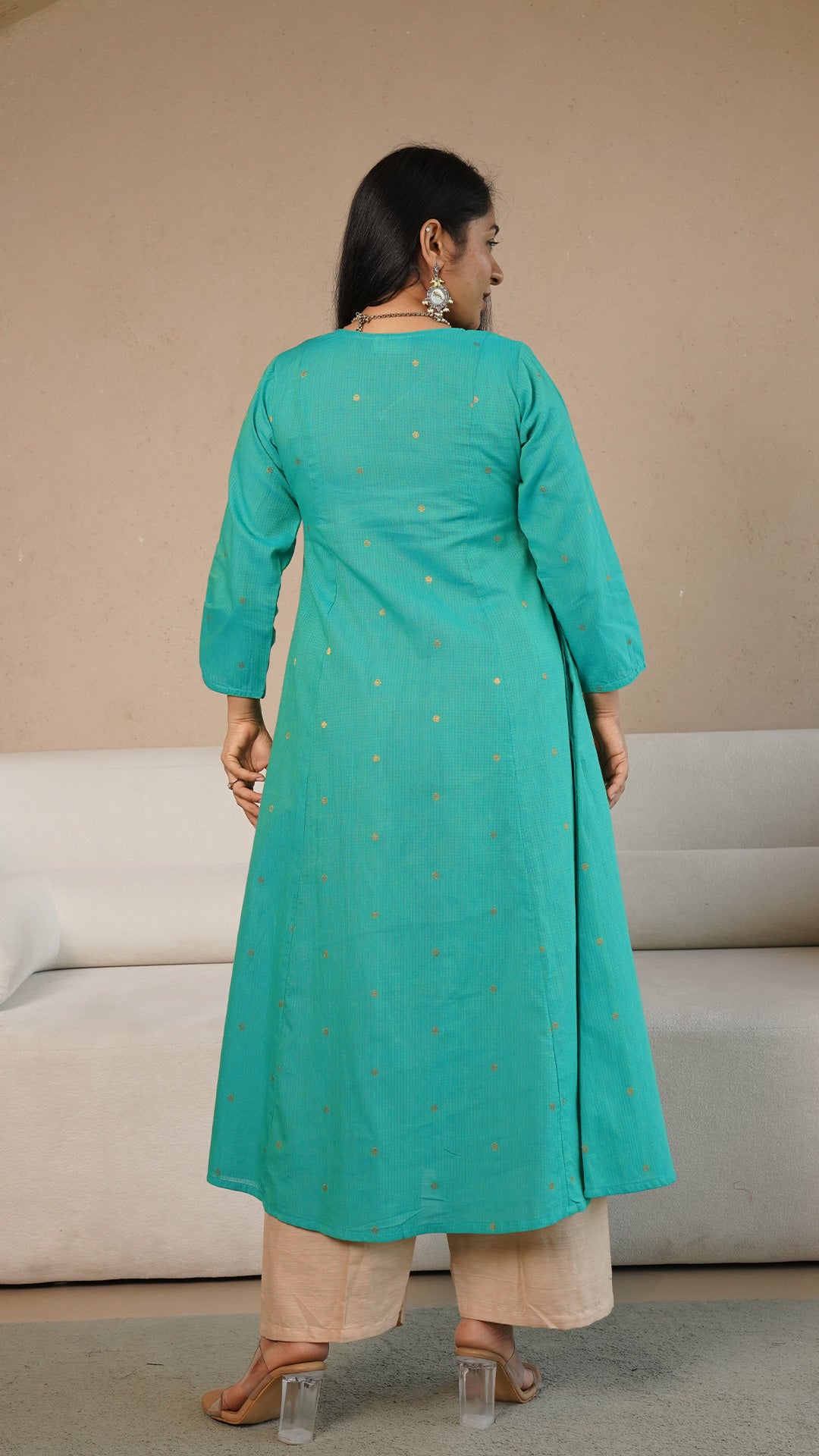 Jenika Hand Woven Golden Zari Motif Kali Cotton Kurta - Green