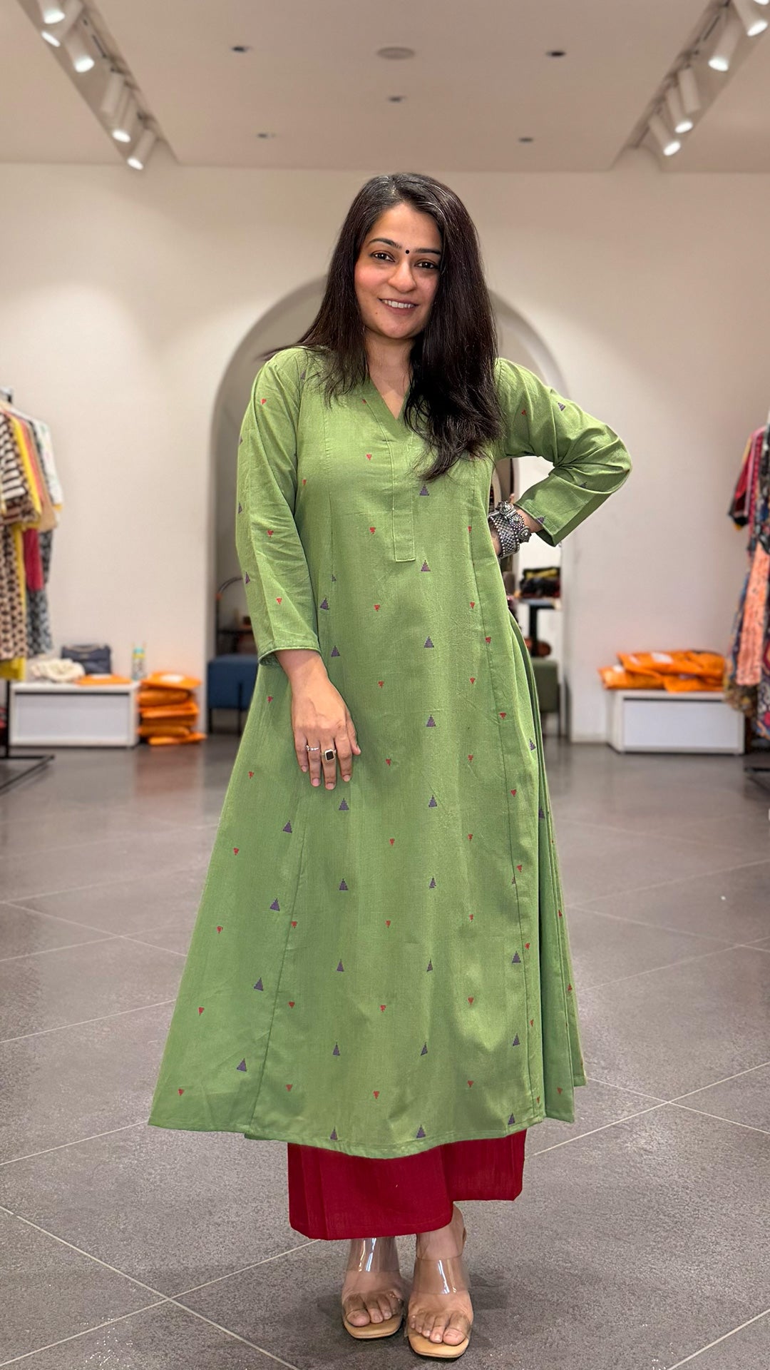 Maryam Hand Woven Kali Kurta In Cotton - Green