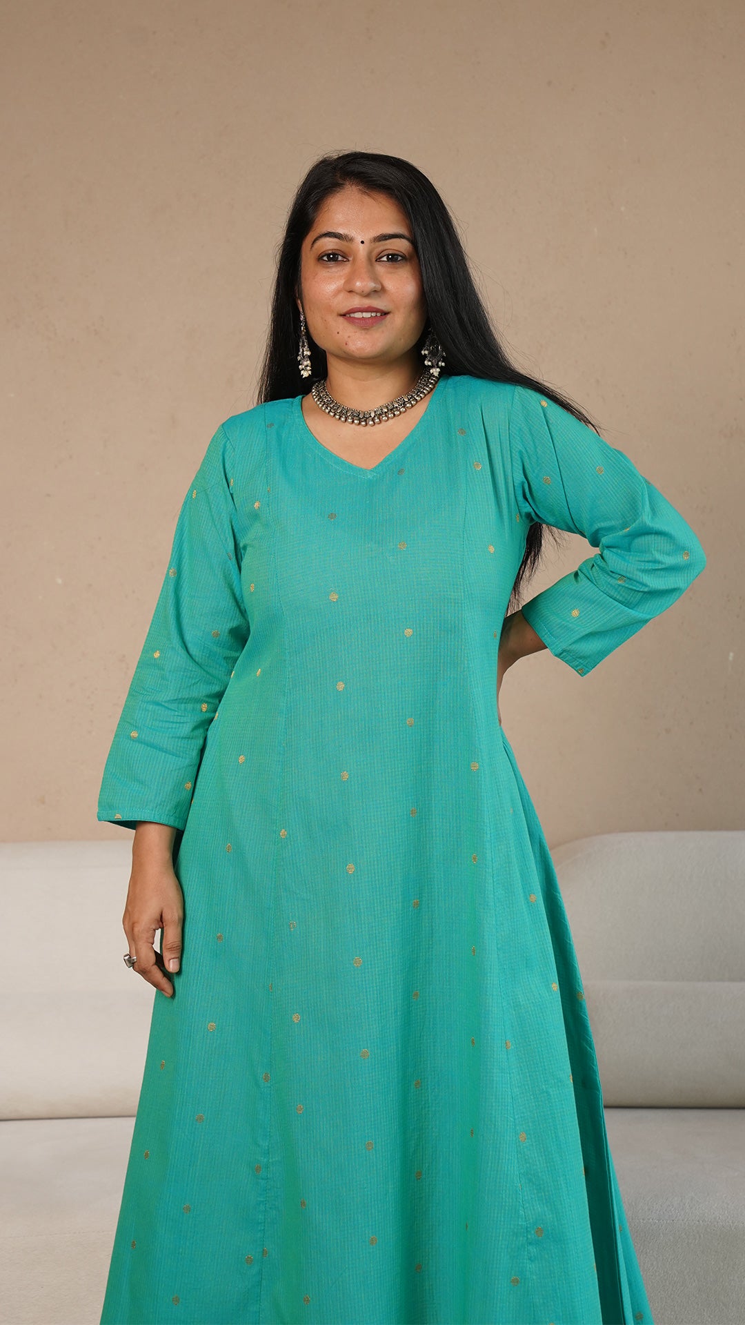 Jenika Hand Woven Golden Zari Motif Kali Cotton Kurta - Green