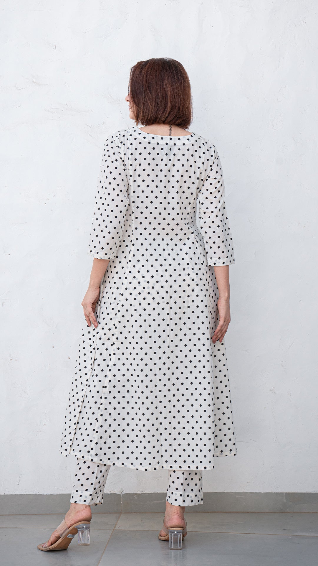 Black and White Polka Dots Kali Cotton Kurta In Cotton