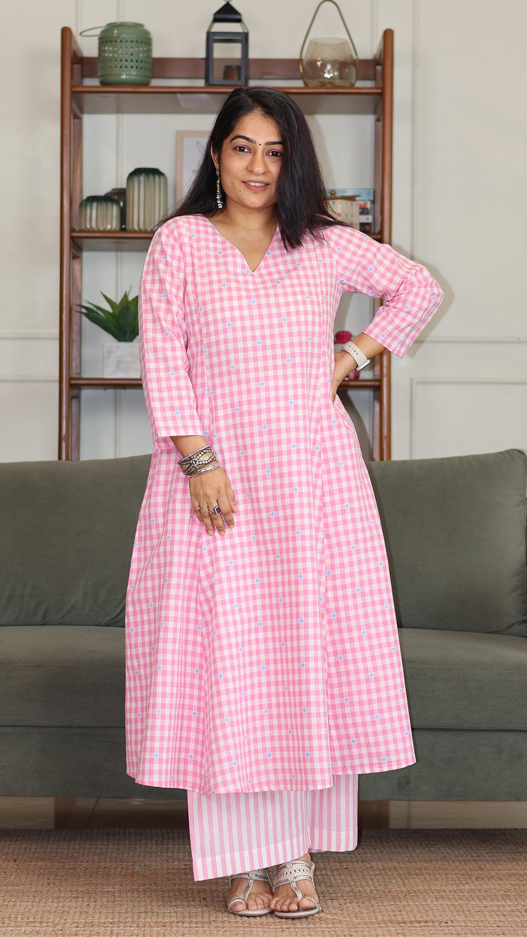 Checks and Stripes Handwoven Cotton Kurta - Light Pink