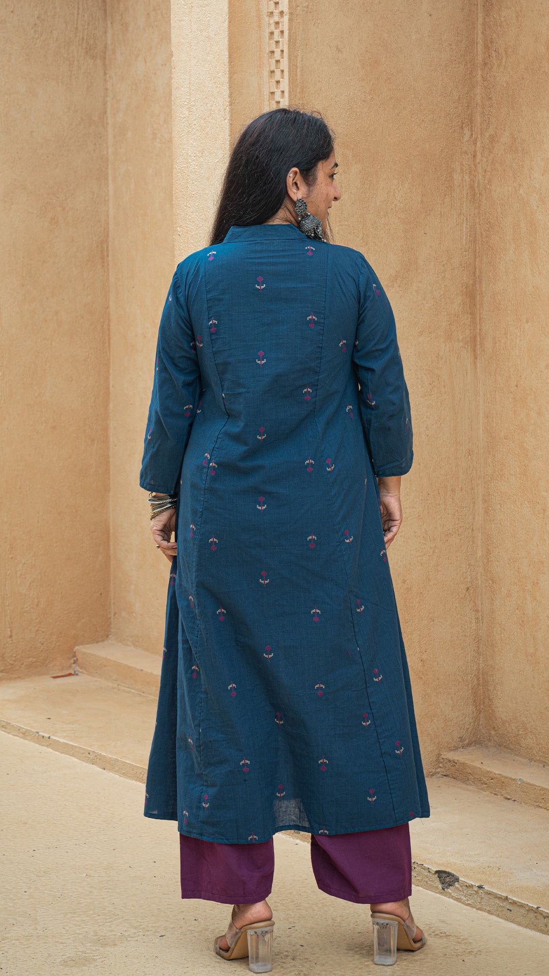 Kshiti Flower Motif Hand Woven Kali Cotton Kurta - Blue