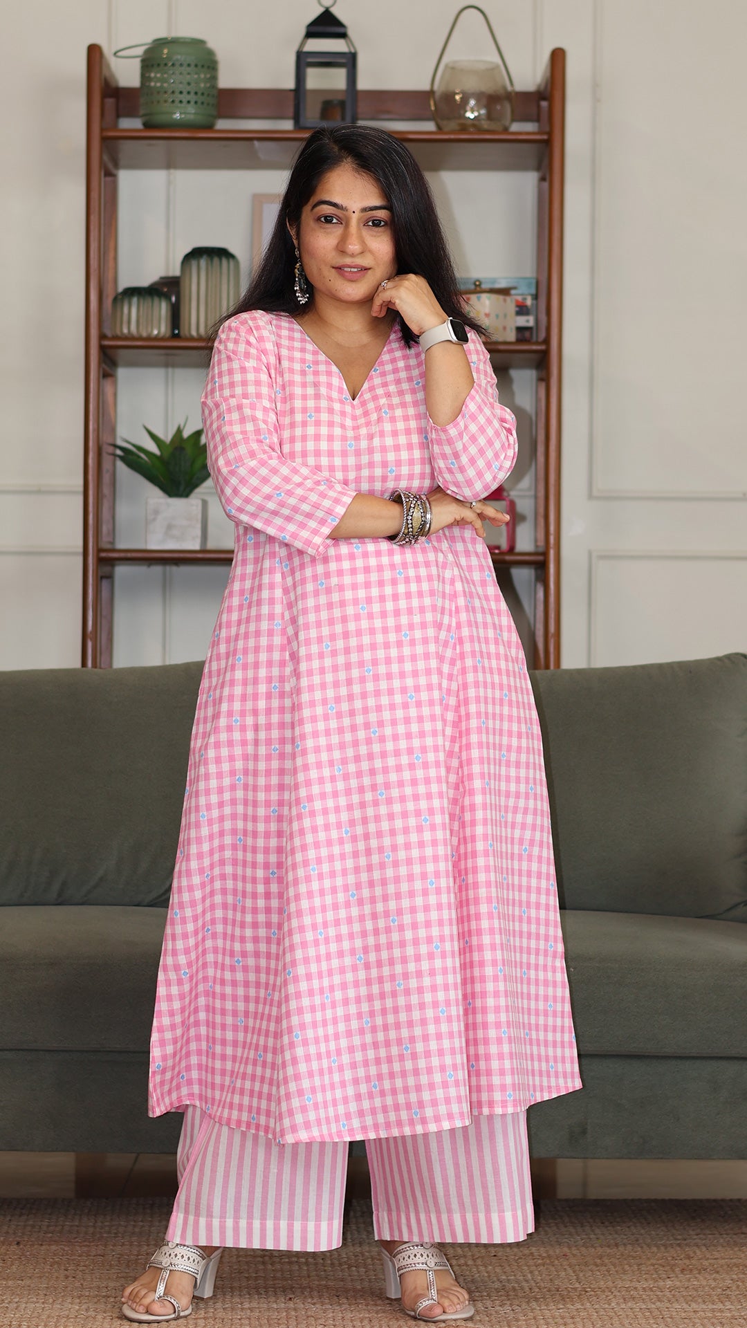 Checks and Stripes Handwoven Cotton Kurta - Light Pink