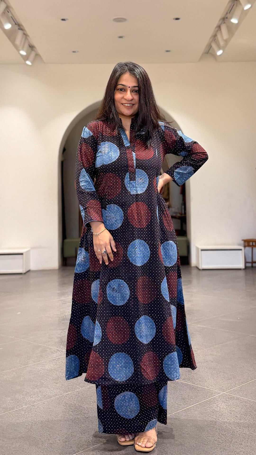 Zohra Ajrakh Cotton Hand Block Kurta Set- Black Polka Dots