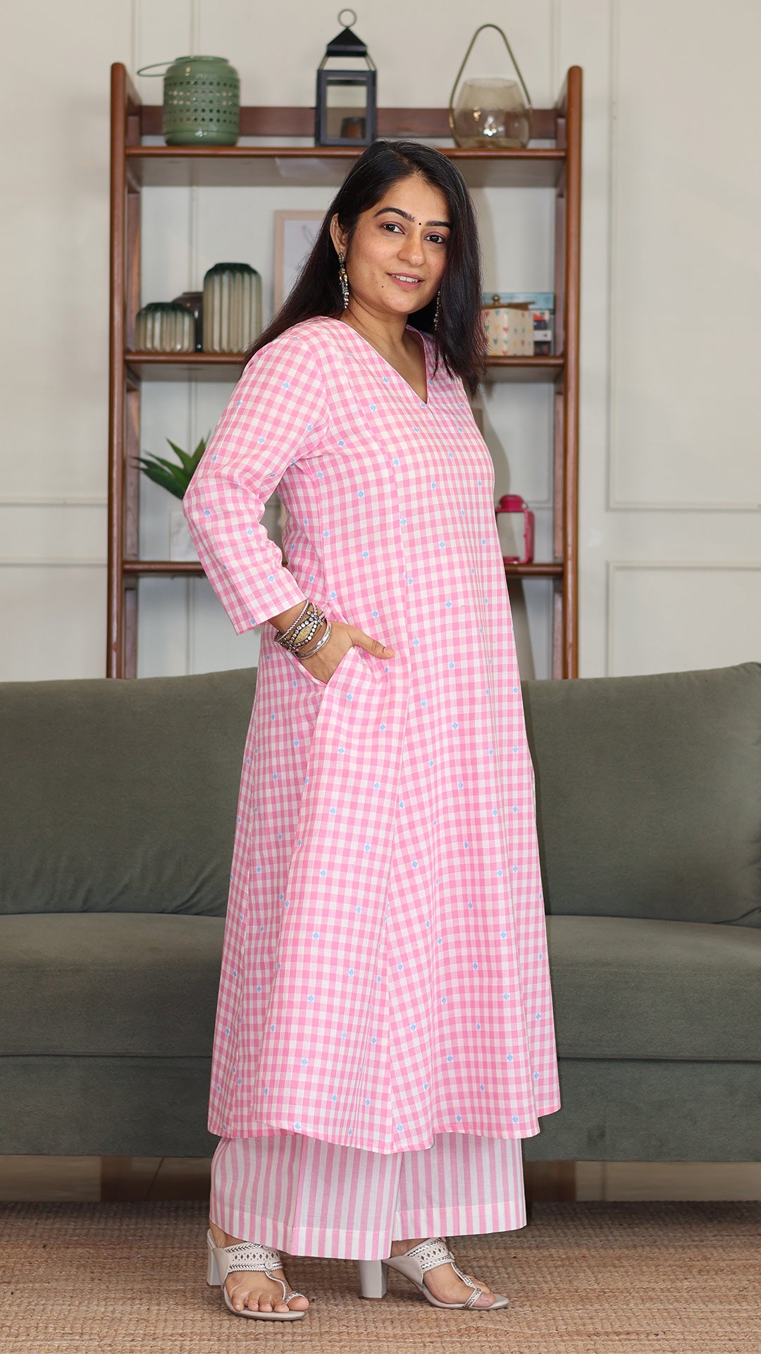 Checks and Stripes Handwoven Cotton Kurta - Light Pink