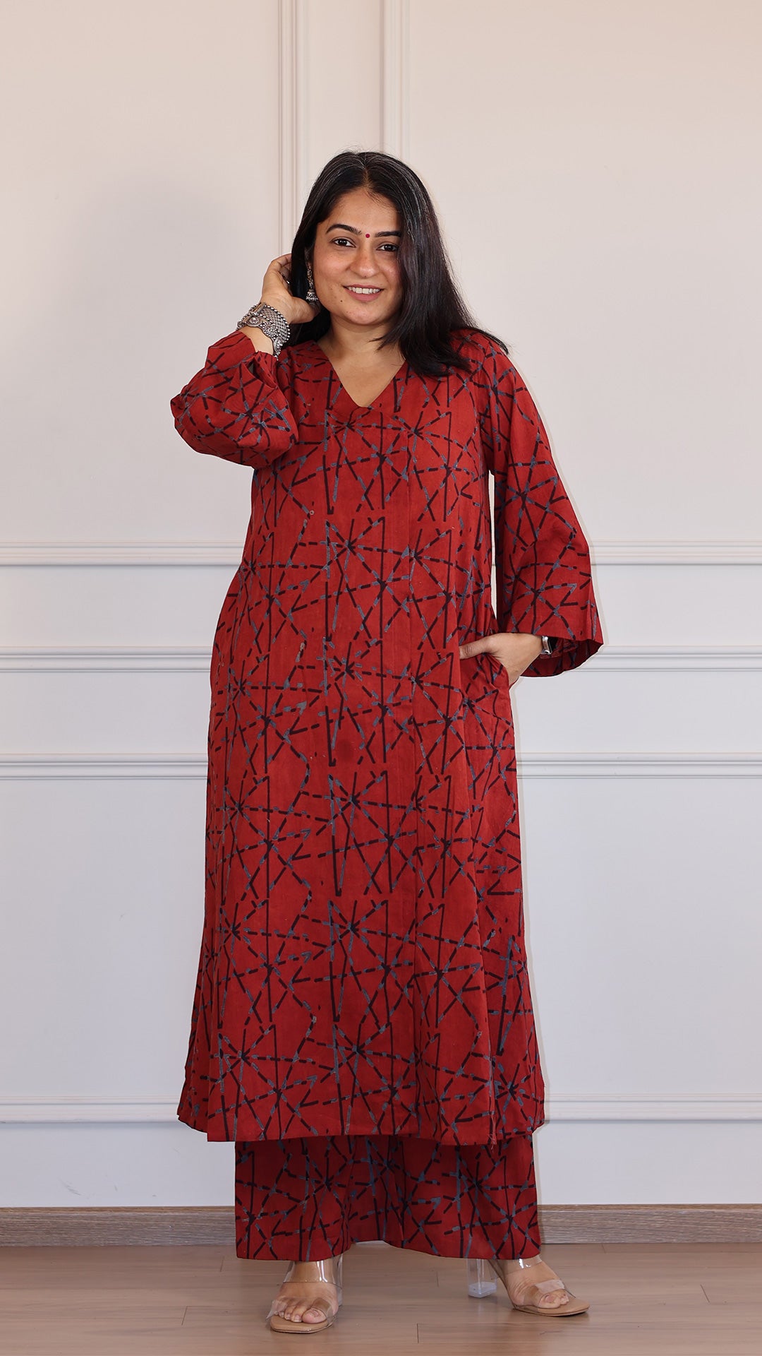 Trusha Ajrakh Geometric Print Cotton Hand Block Kurta - Red
