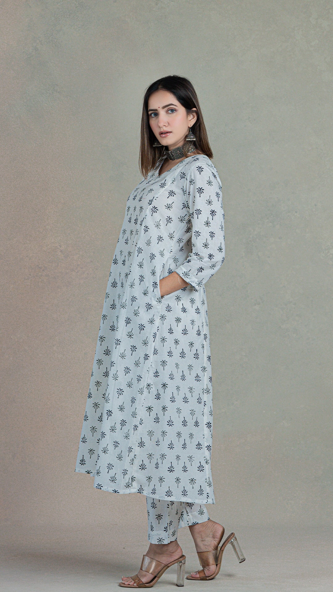 Aarushi Hand Block Kali Cotton Kurta - White