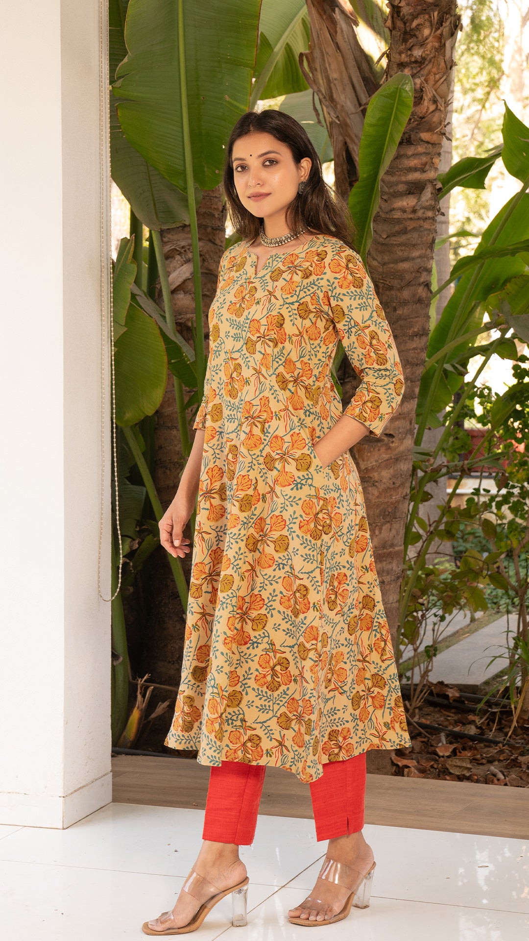 Ahana Sanganeri Hand Block Kali Cotton Kurta - Beige