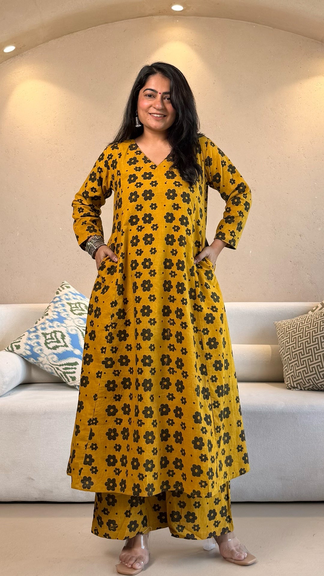 Tia Ajrakh Cotton Hand Block Kurta Set- Yellow/Black