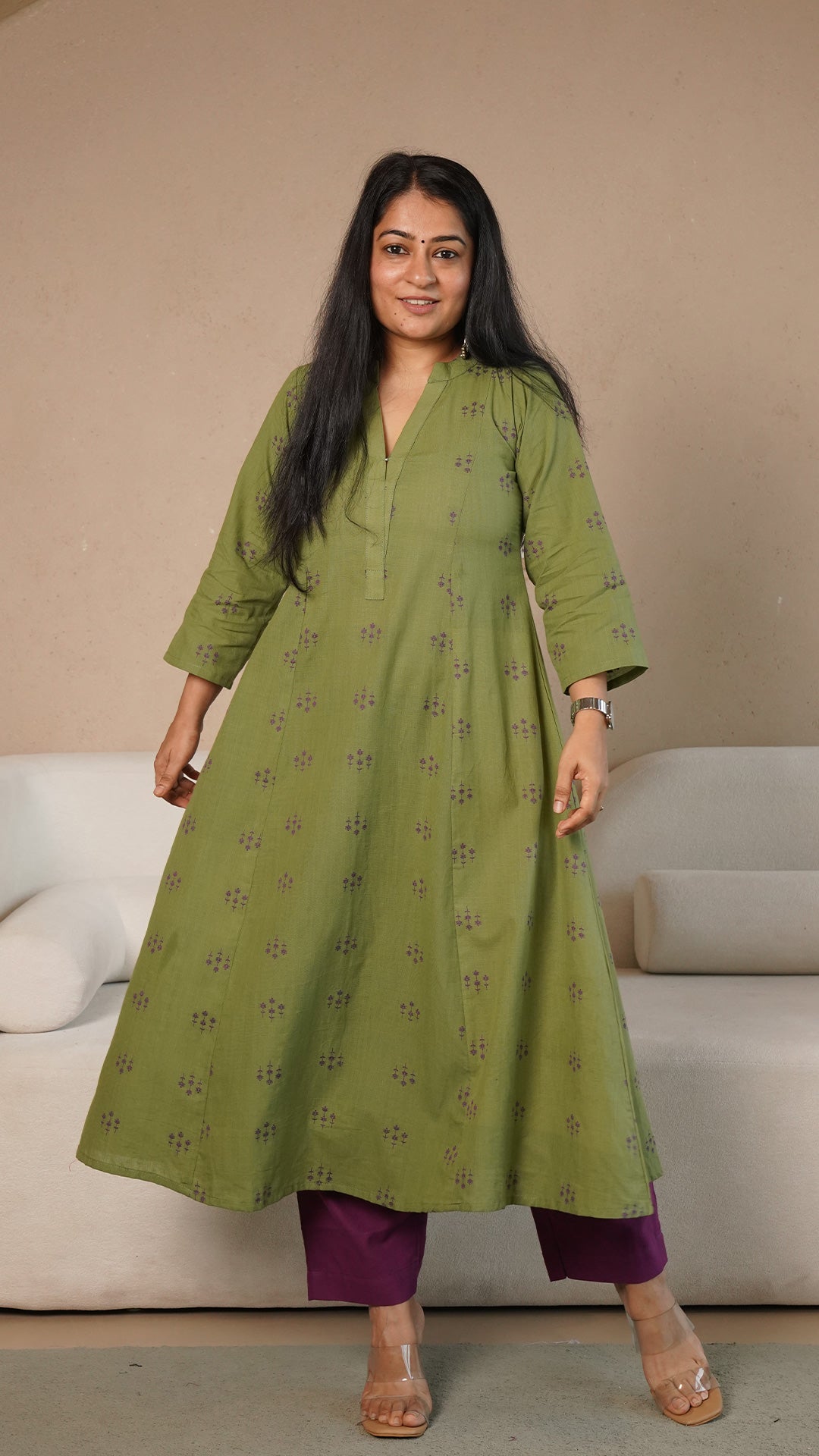 Yuzaa Hand Woven Kali Cotton Kurta - Cardamom Green