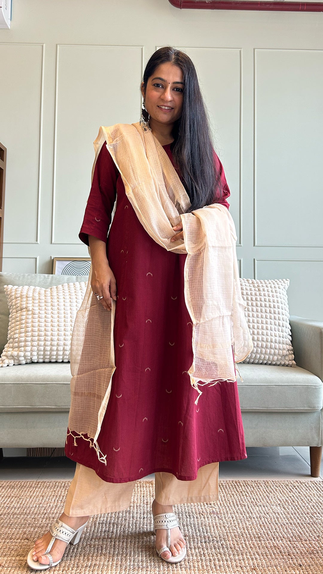Ziva Chand Motif Hand Woven Kali Cotton Kurta - Maroon