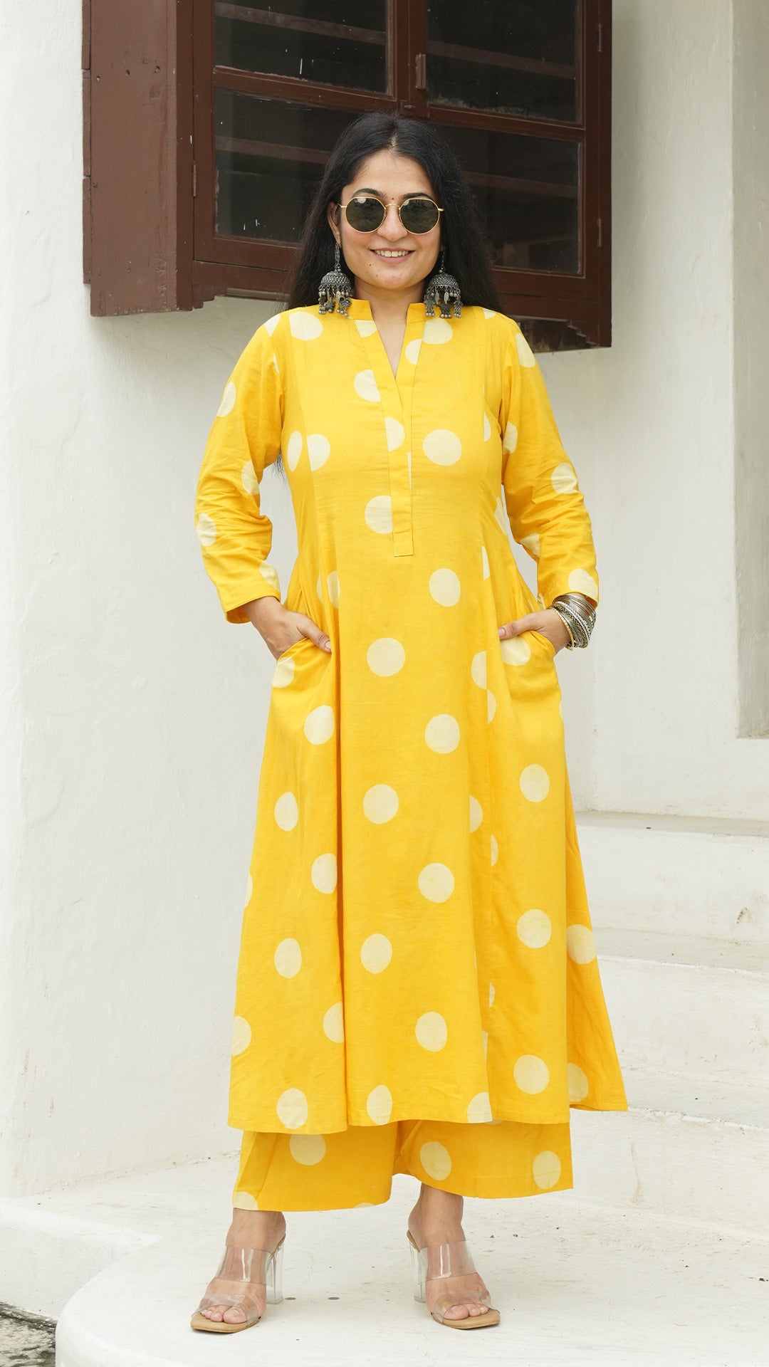 Yellow Polka Dots Kali Kurta In Cotton