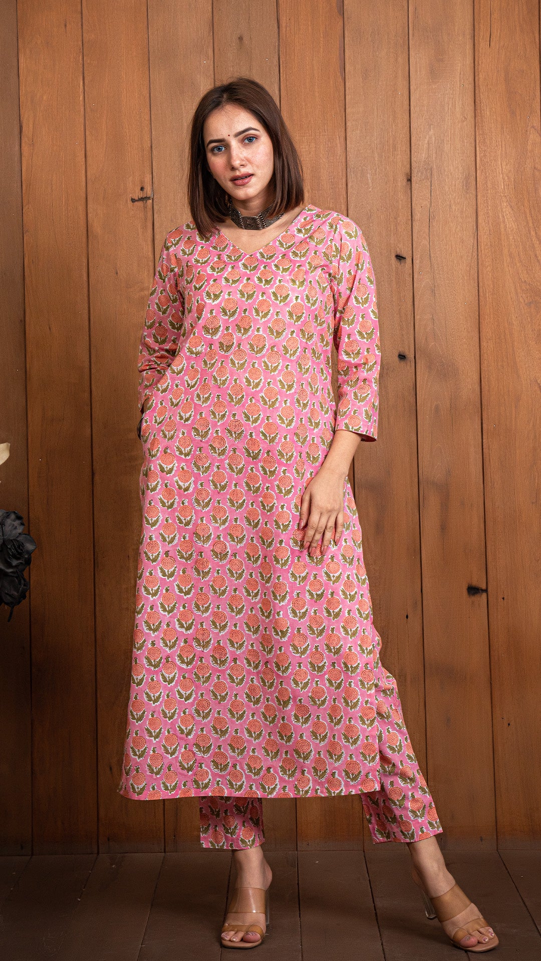 Pink-Orange Flowers Sanganeri Hand Block Cotton Kurta