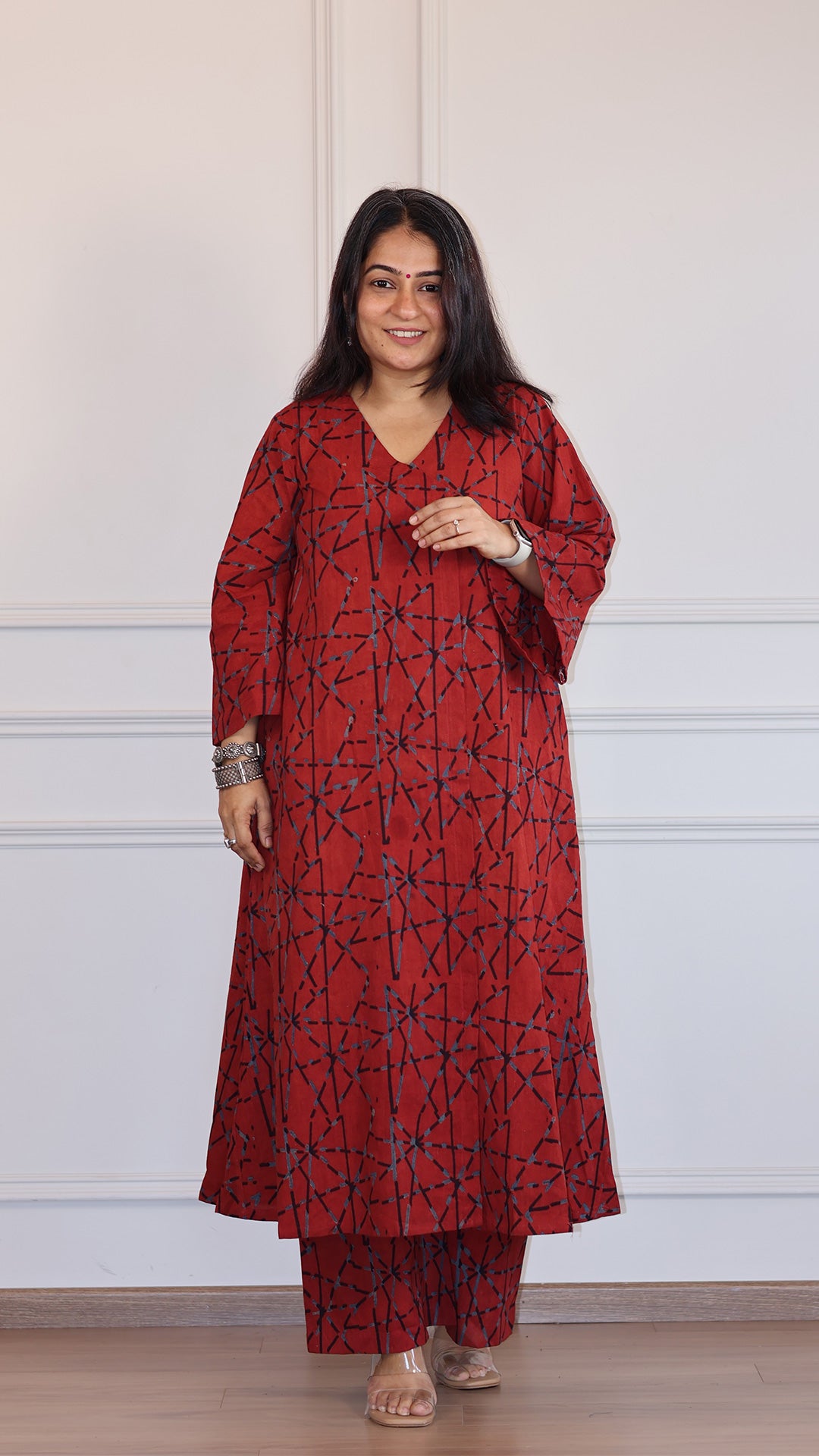 Trusha Ajrakh Geometric Print Cotton Hand Block Kurta - Red
