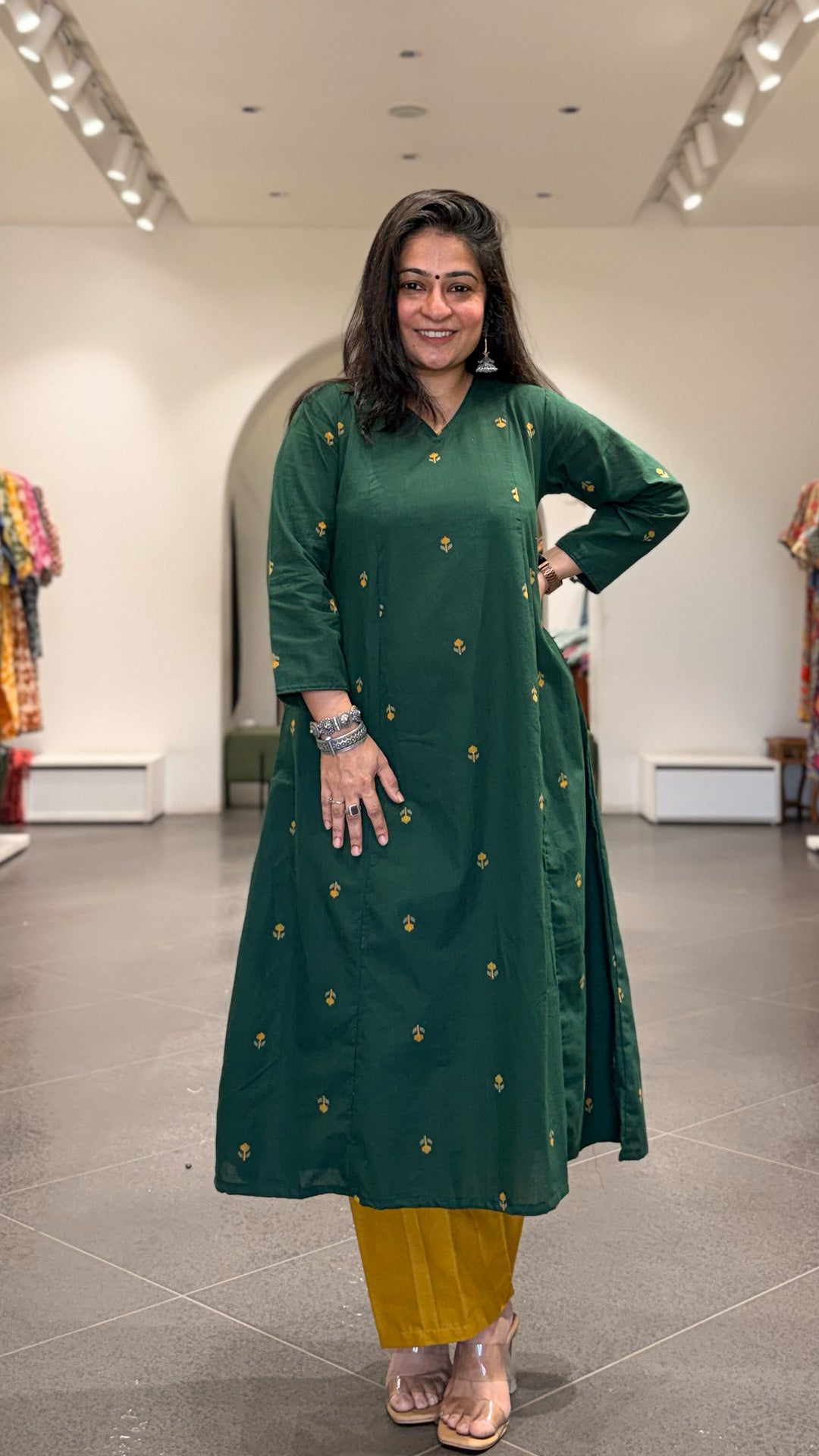 Smriti Hand Woven Kali Kurta In Cotton - Green