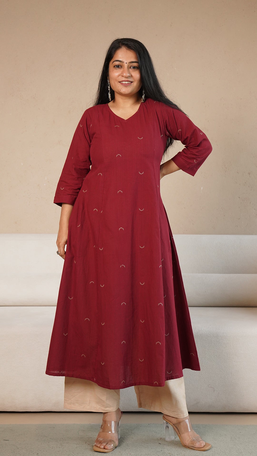 Ziva Chand Motif Hand Woven Kali Cotton Kurta - Maroon