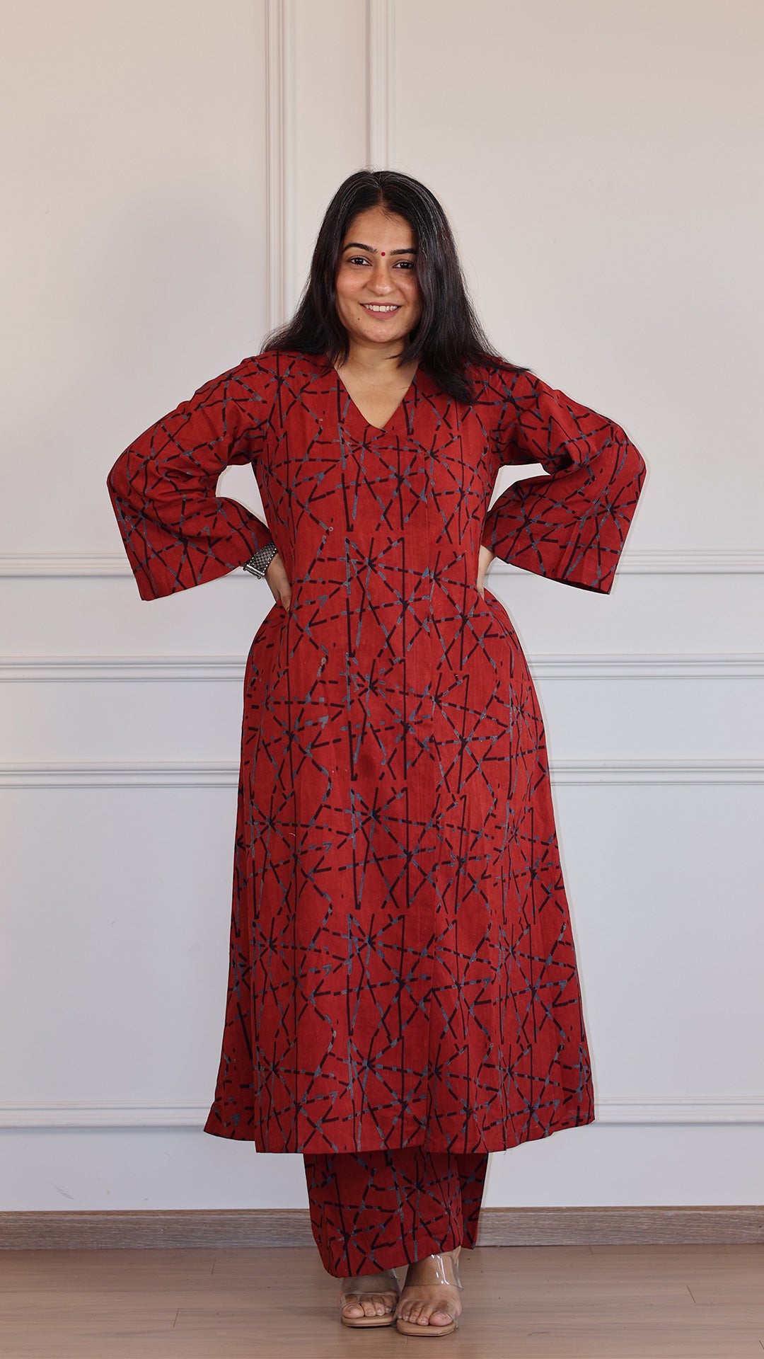 Trusha Ajrakh Geometric Print Cotton Hand Block Kurta - Red