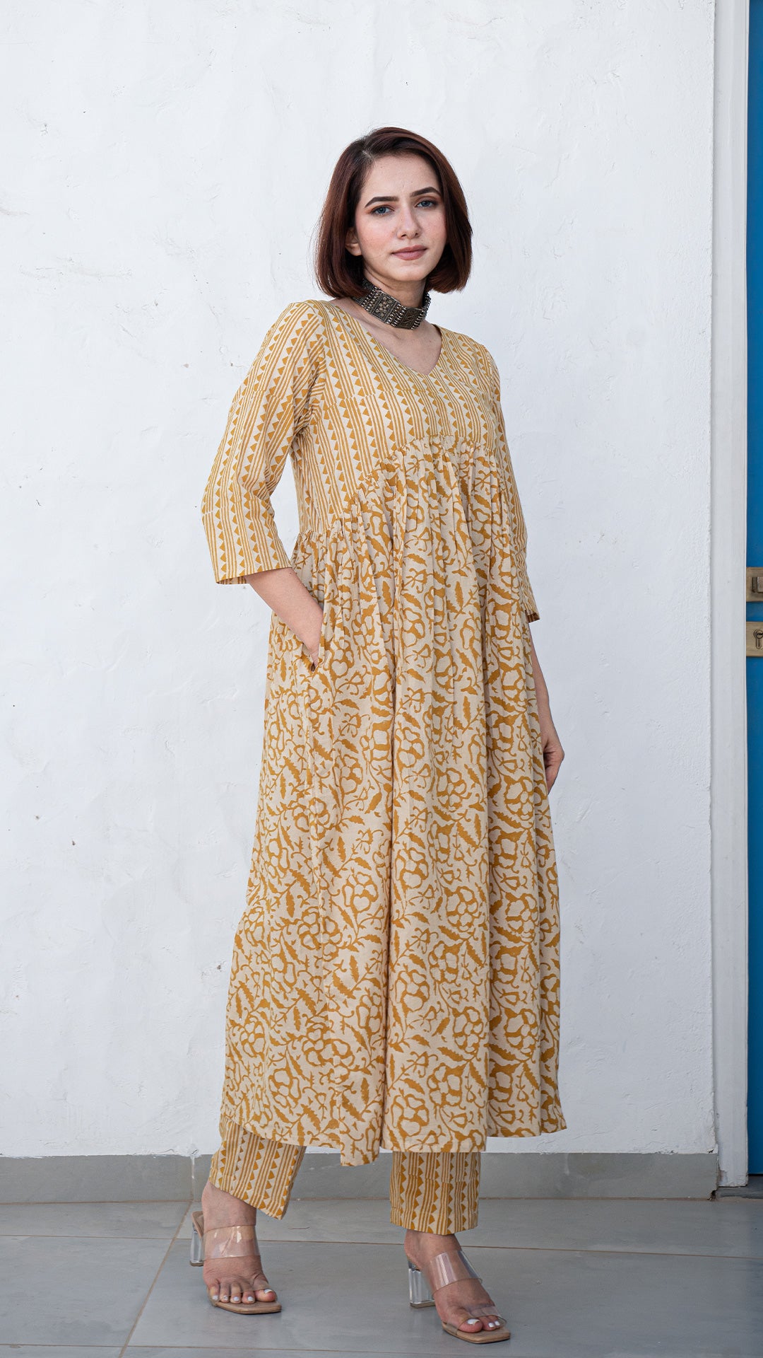 Zaiba Geometric Print Hand Block Cotton Kurta - Mustard