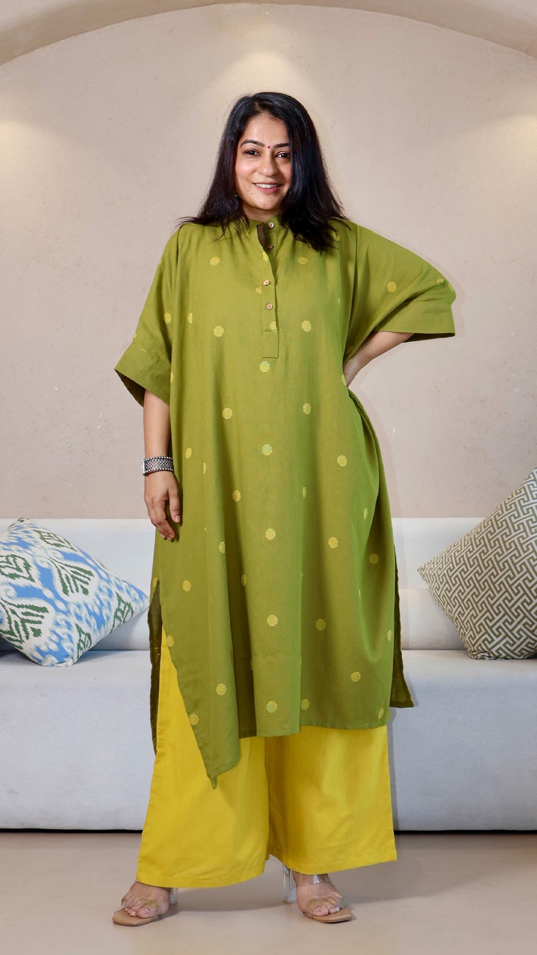 Olive Green Dots Motif Handwoven Cotton Kaftan Co-ord