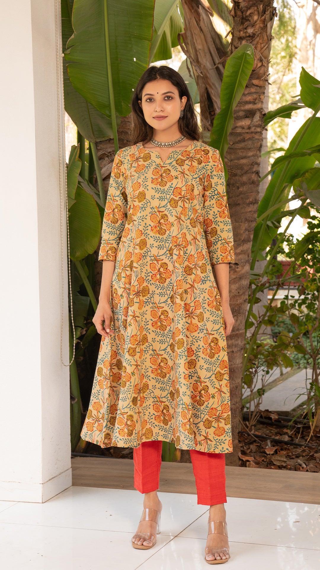 Ahana Sanganeri Hand Block Kali Cotton Kurta - Beige