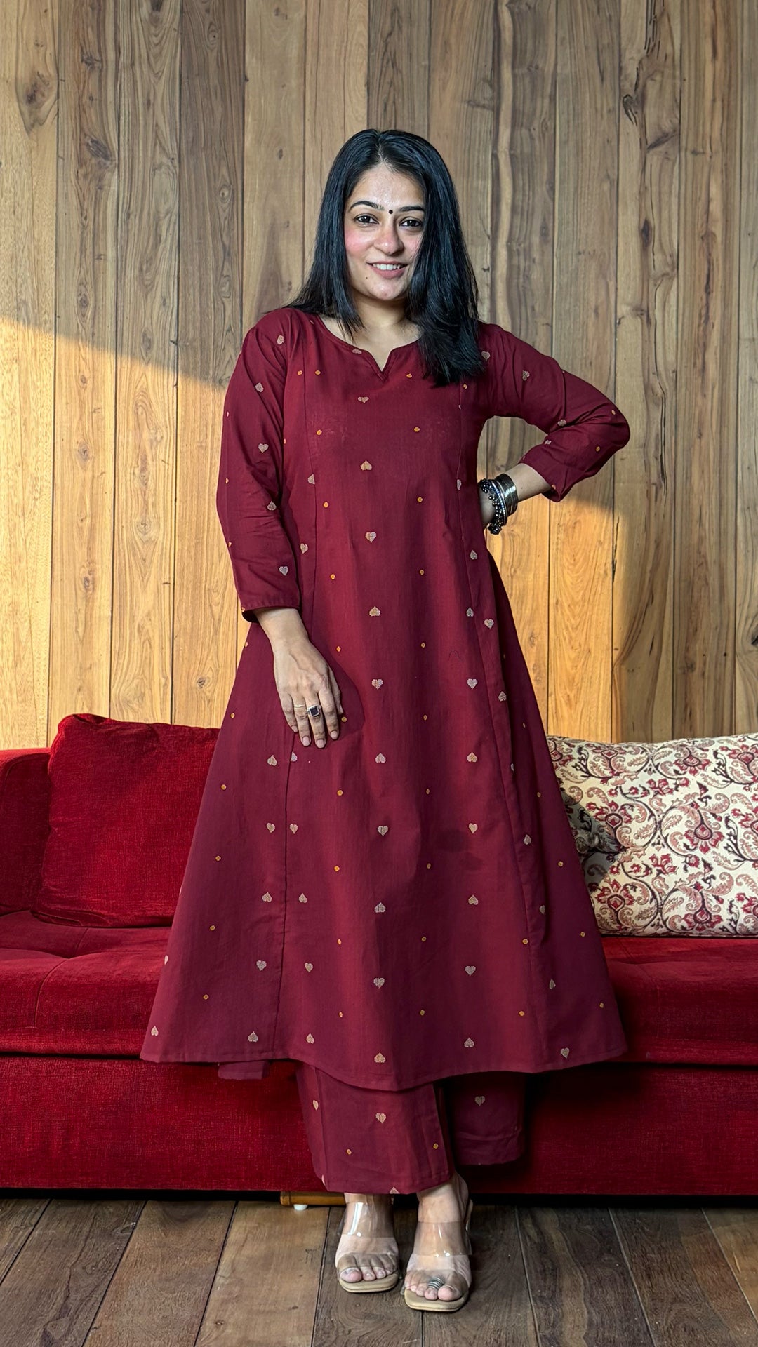 Queen Of Hearts Hand Woven Kali Kurta In Cotton - Maroon