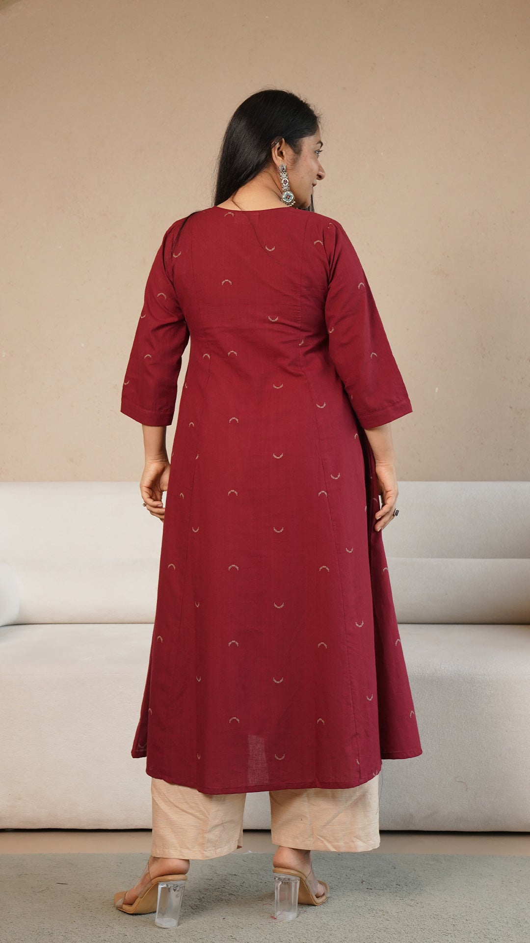 Ziva Chand Motif Hand Woven Kali Cotton Kurta - Maroon