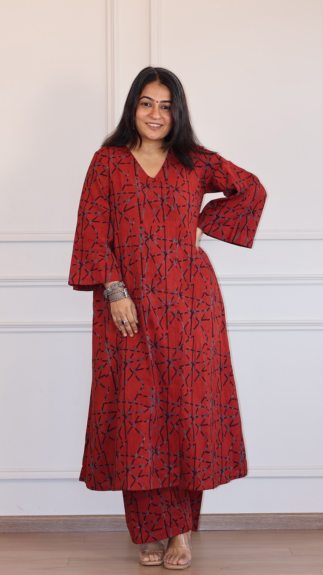 Trusha Ajrakh Geometric Print Cotton Hand Block Kurta - Red