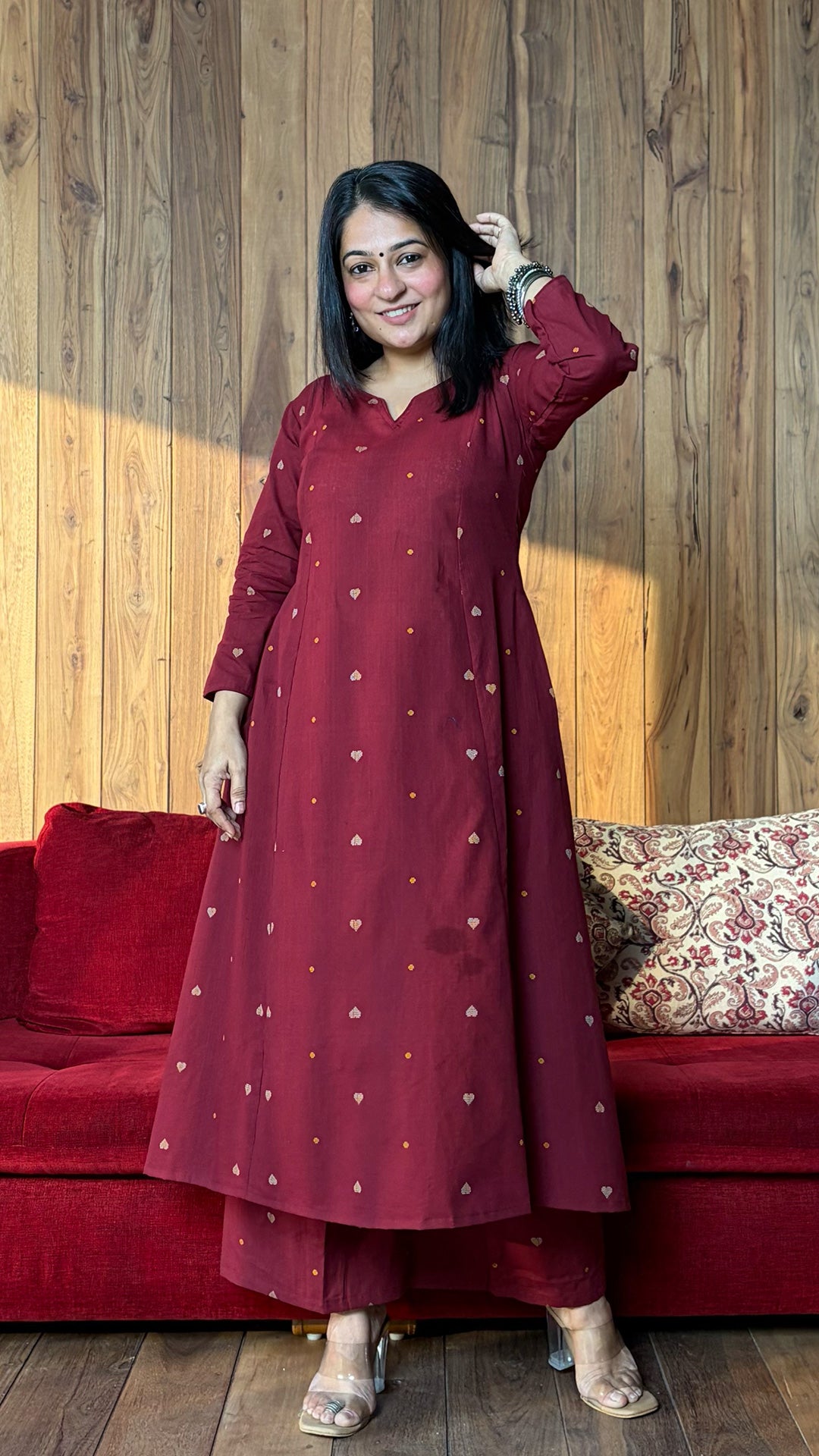 Queen Of Hearts Hand Woven Kali Kurta In Cotton - Maroon