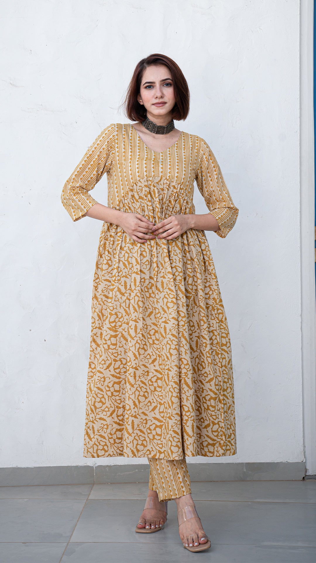 Zaiba Geometric Print Hand Block Cotton Kurta - Mustard