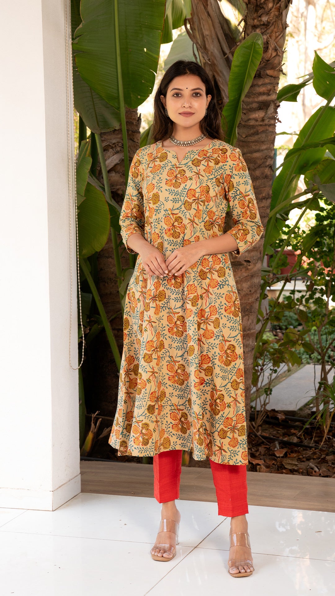 Ahana Sanganeri Hand Block Kali Cotton Kurta - Beige