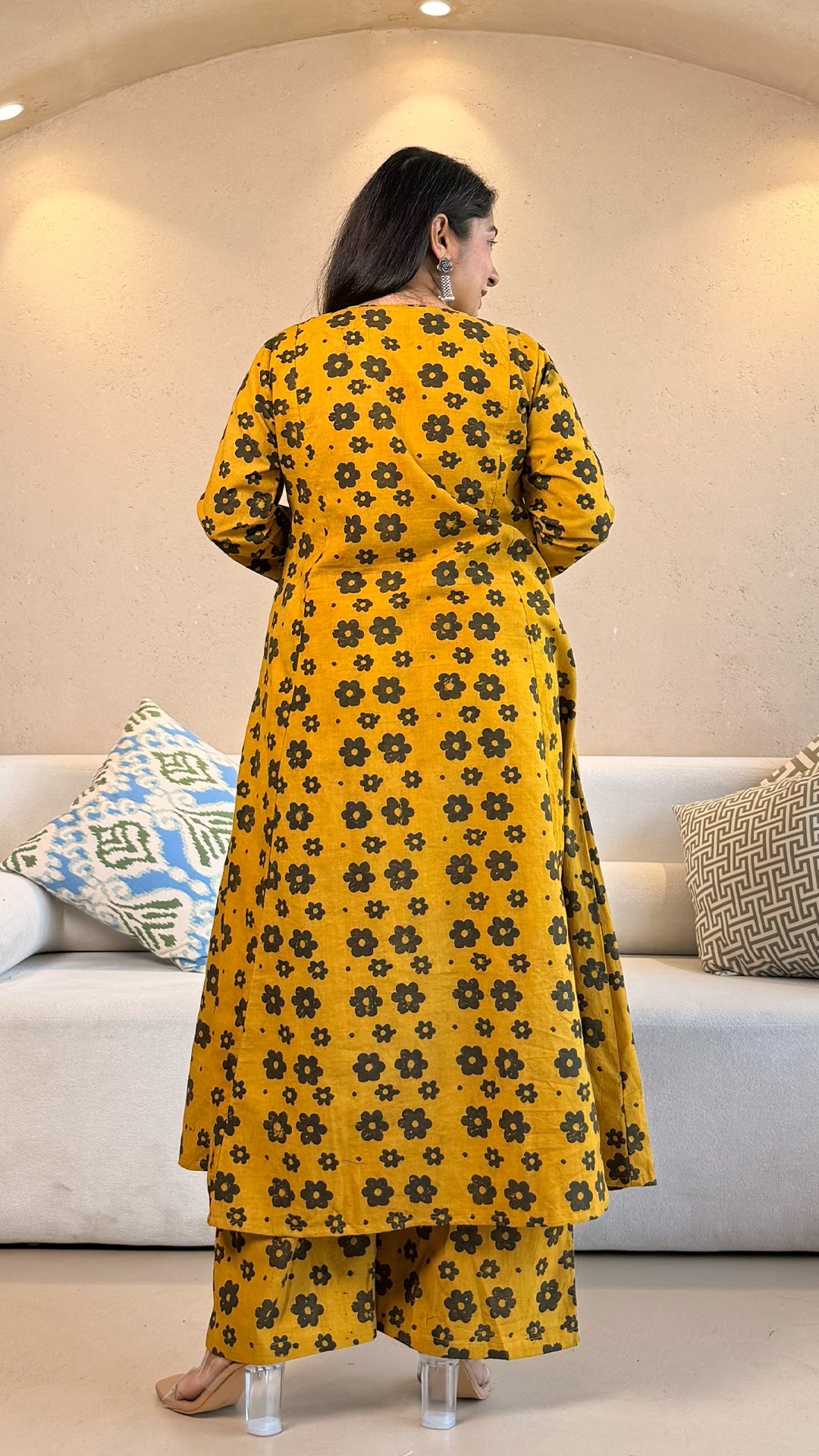 Tia Ajrakh Cotton Hand Block Kurta Set- Yellow/Black
