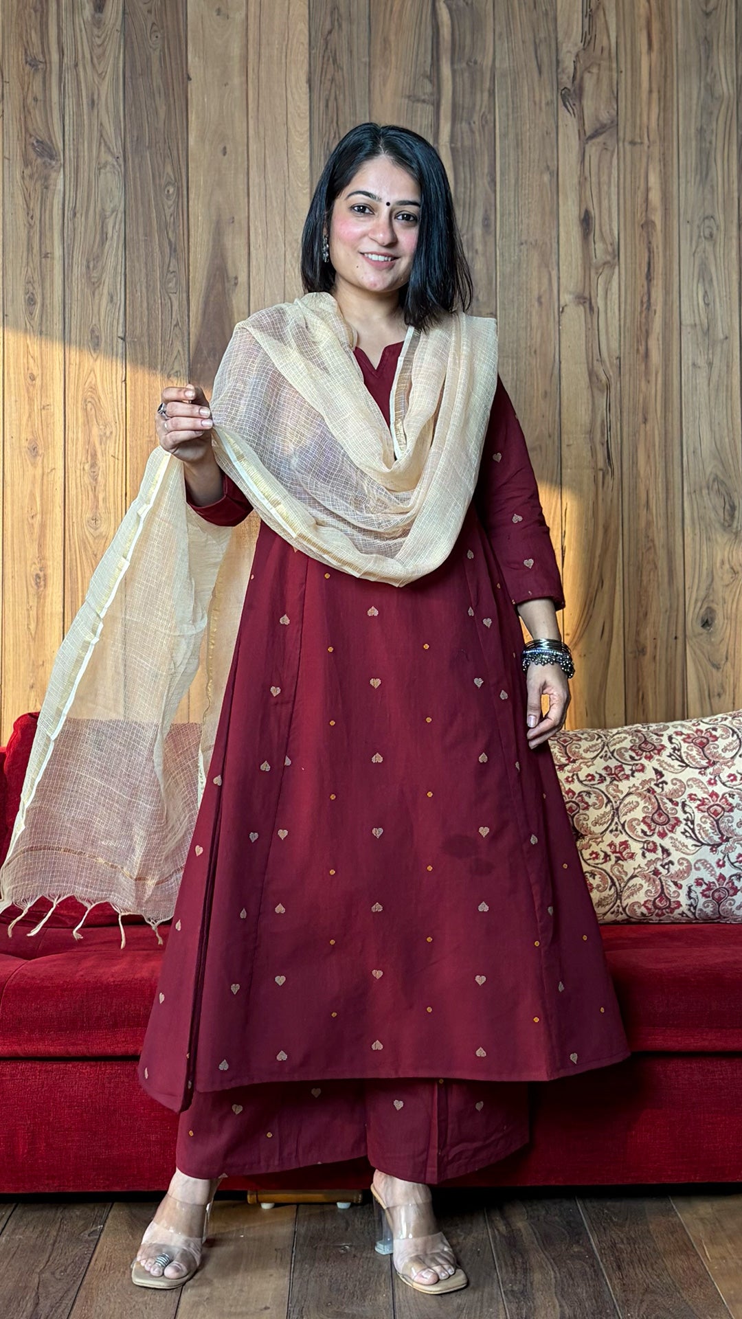 Queen Of Hearts Hand Woven Kali Kurta In Cotton - Maroon