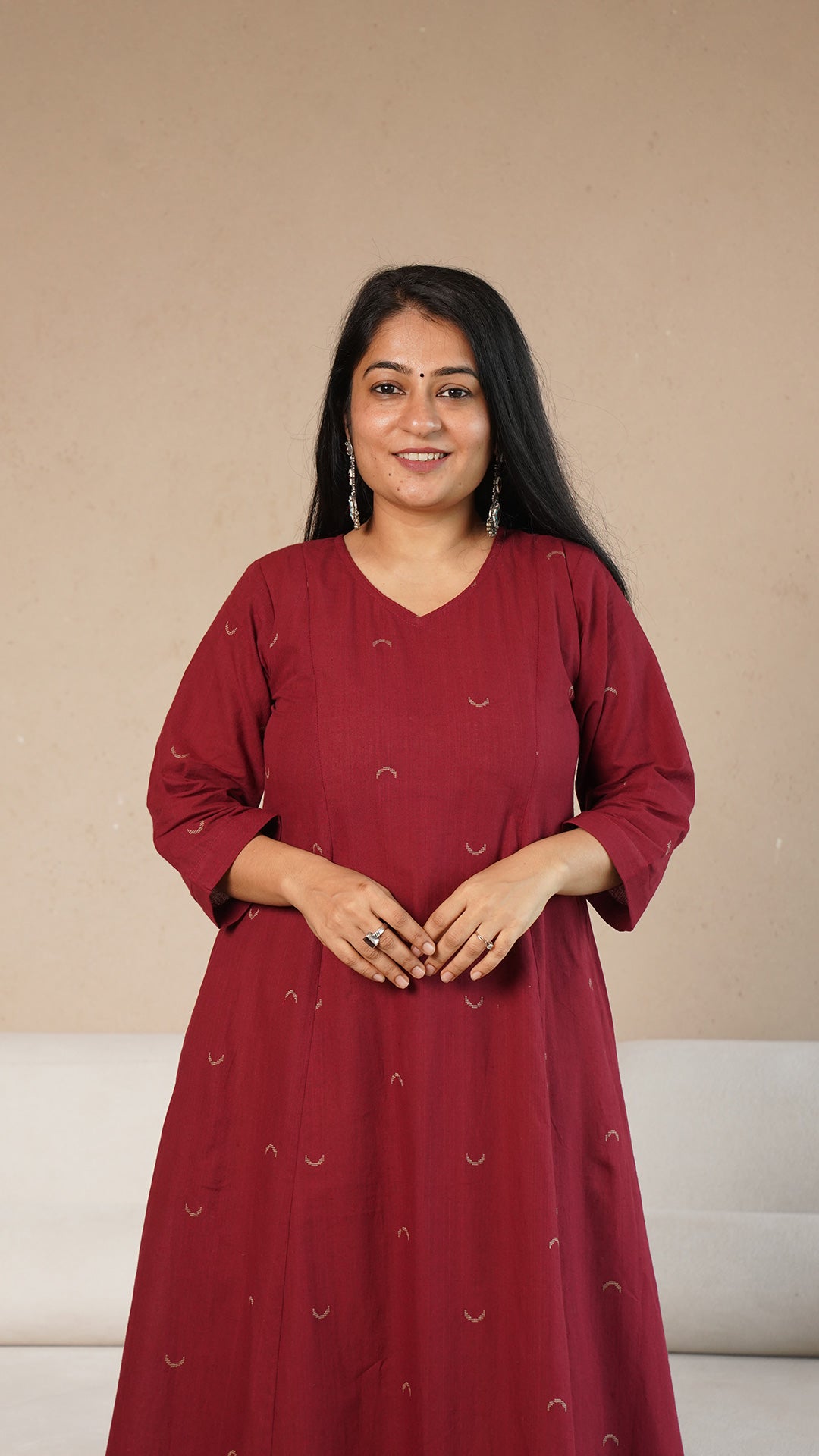Ziva Chand Motif Hand Woven Kali Cotton Kurta - Maroon