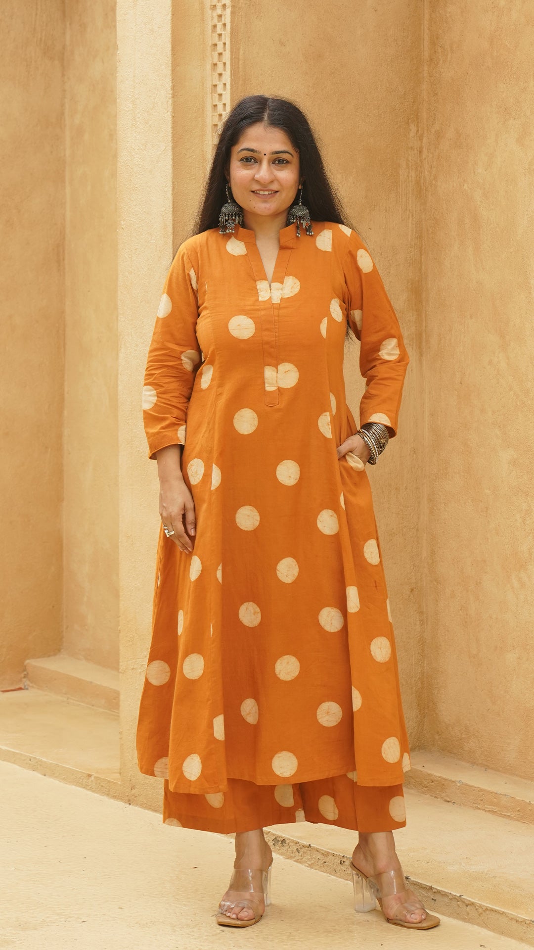 Rust Polka Dots Kali Kurta In Cotton