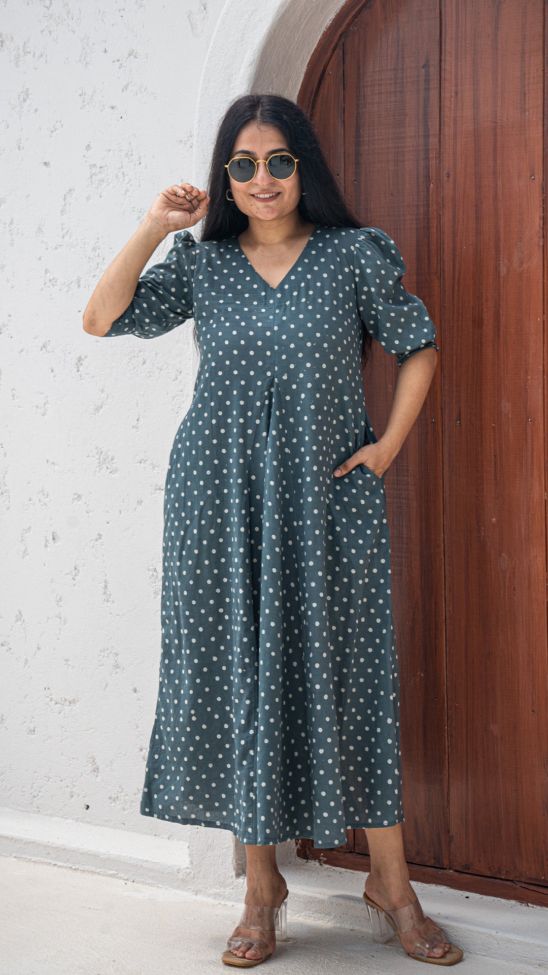 Prisha Polka Dots Hand Block Cotton Dress - Grey