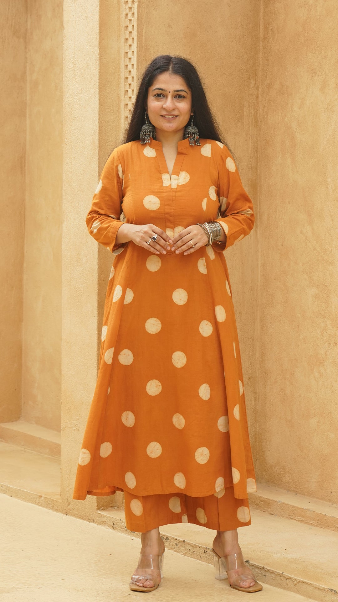 Rust Polka Dots Kali Kurta In Cotton