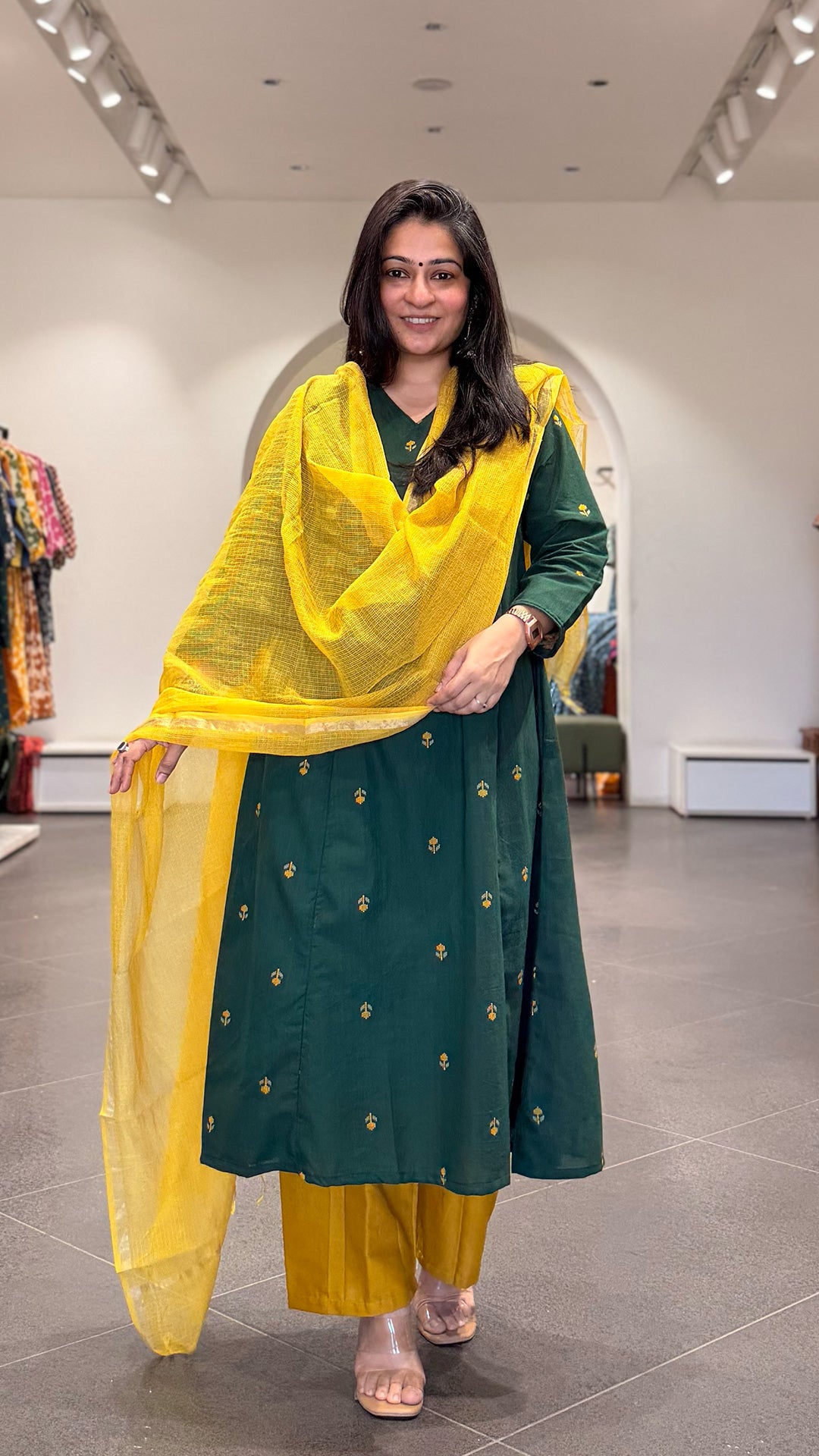 Smriti Hand Woven Kali Kurta In Cotton - Green