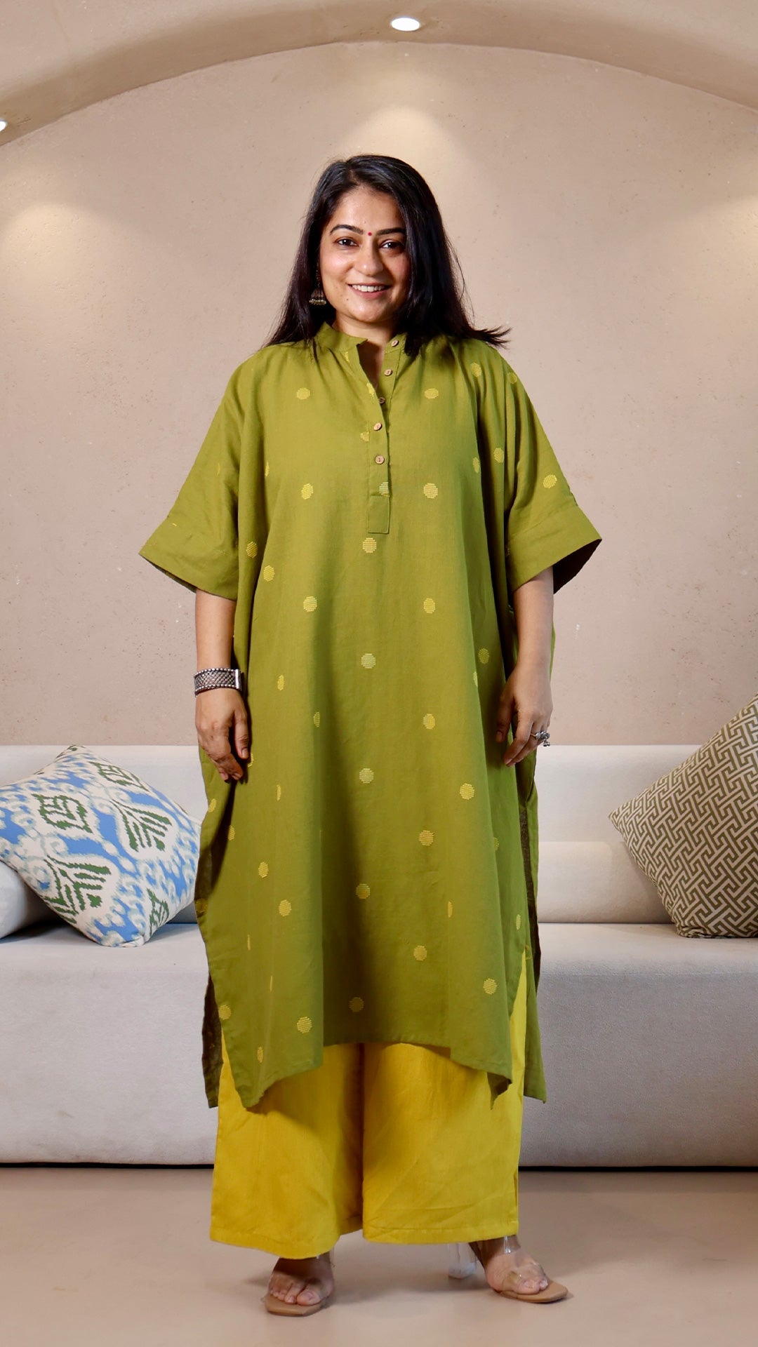Olive Green Dots Motif Handwoven Cotton Kaftan Co-ord