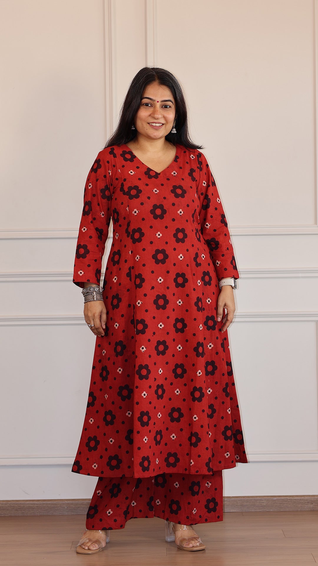 Akira Ajrakh Cotton Hand Block Kurta - Red/Black Floral