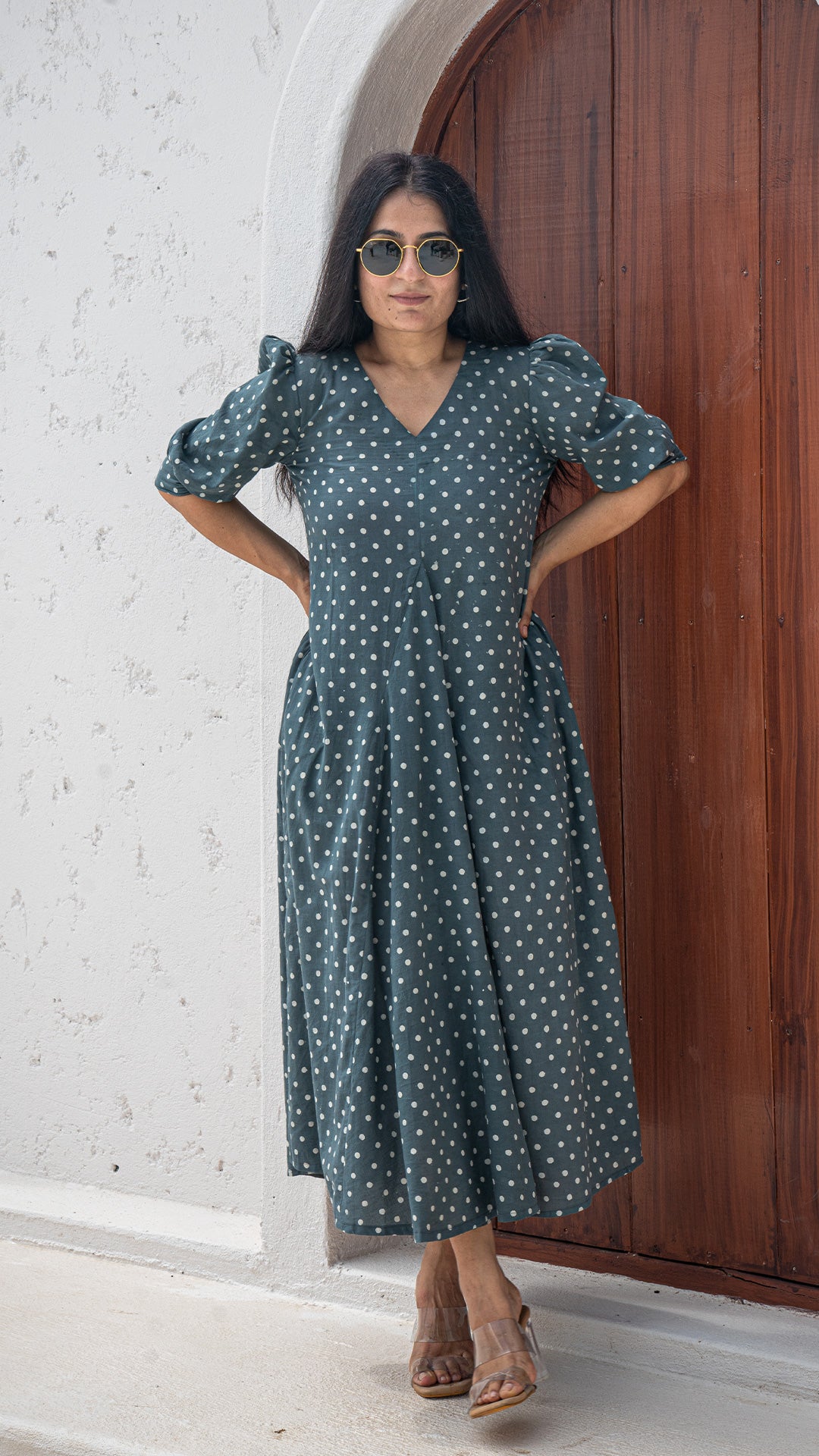 Prisha Polka Dots Hand Block Cotton Dress - Grey
