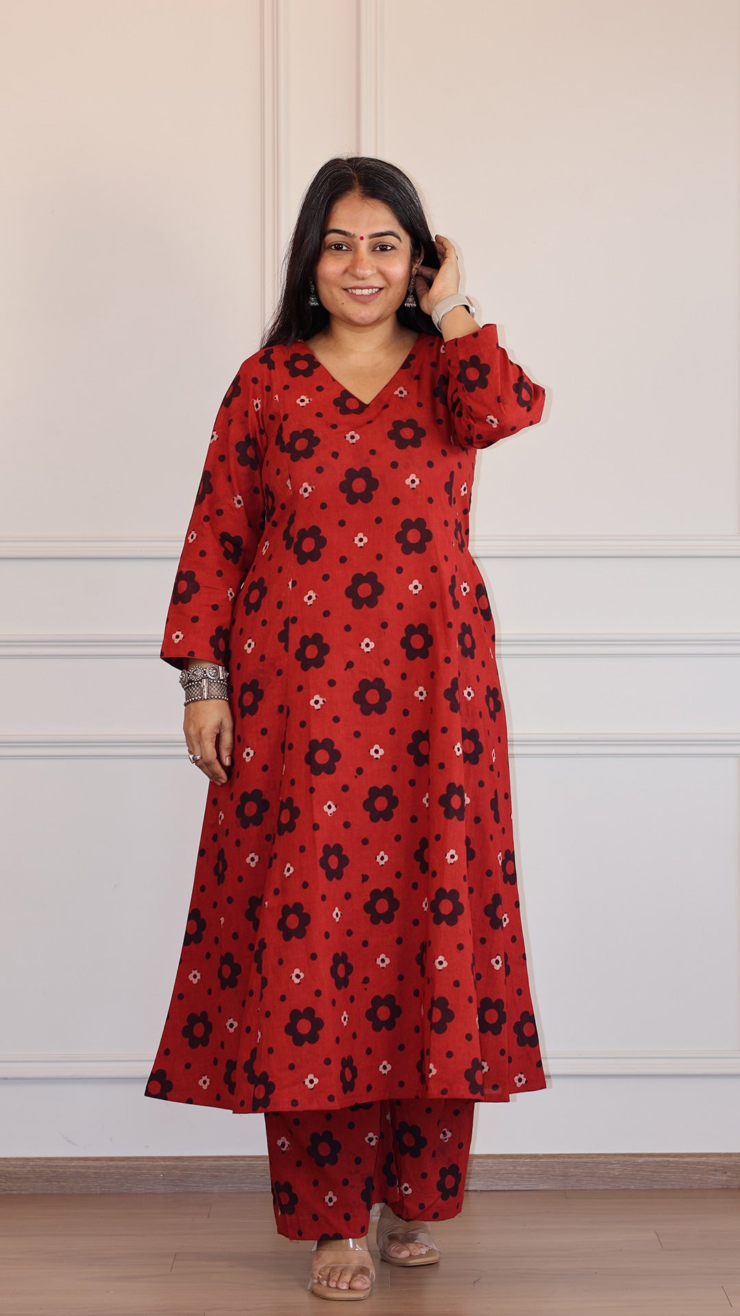 Akira Ajrakh Cotton Hand Block Kurta - Red/Black Floral