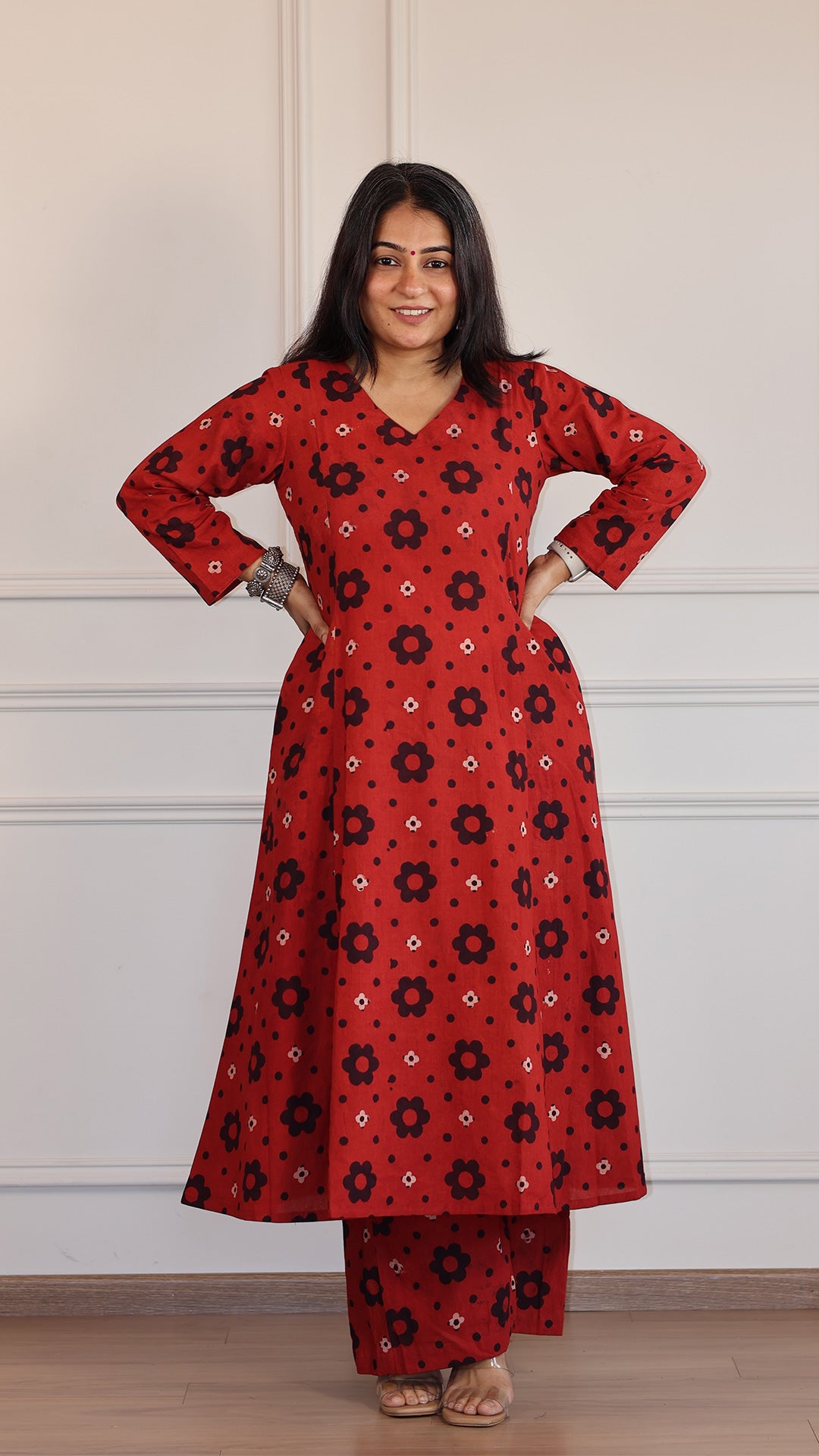Akira Ajrakh Cotton Hand Block Kurta - Red/Black Floral