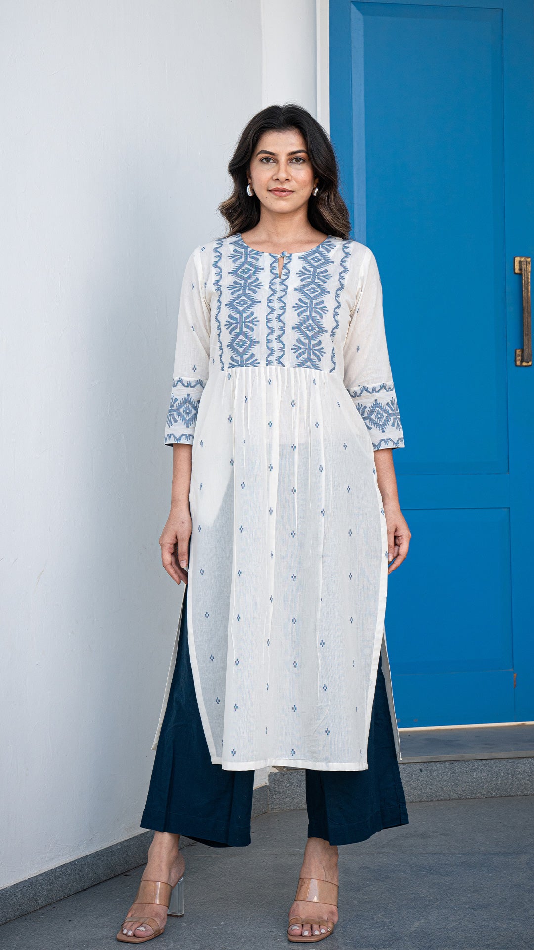 Chandani Hand Woven Cotton Kurta - White/Blue