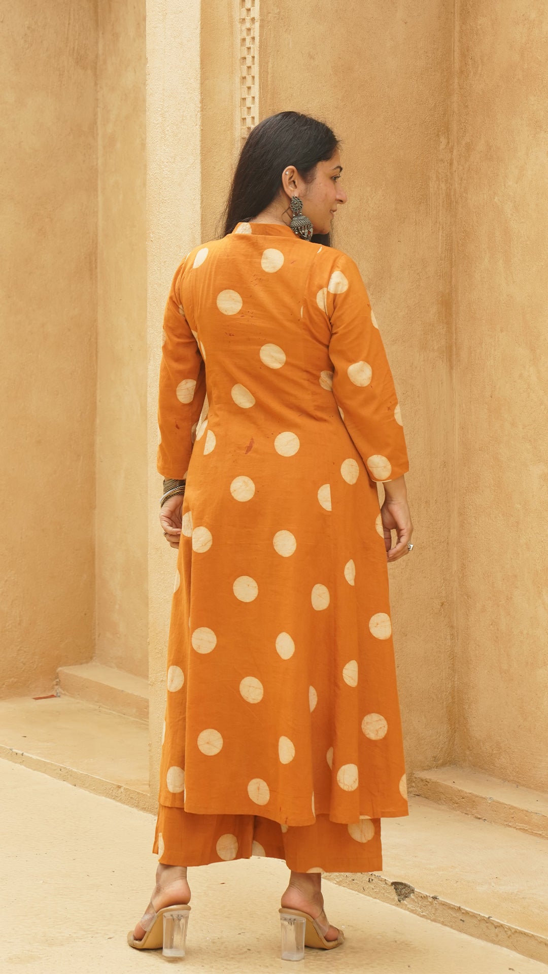Rust Polka Dots Kali Kurta In Cotton